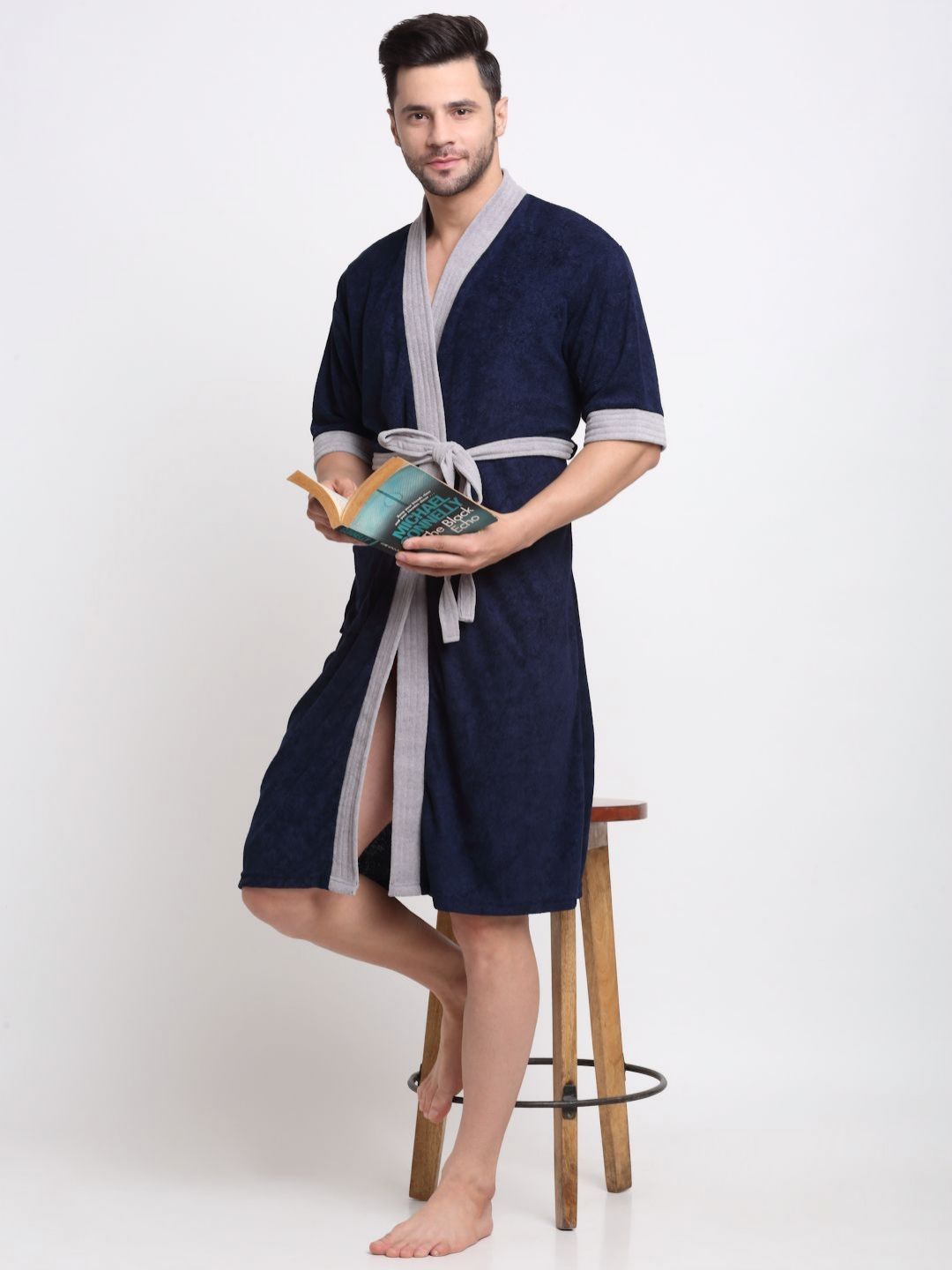 Creeva Everyday Navy Blue & Grey Kimono Collar Bath Robe-picture-10