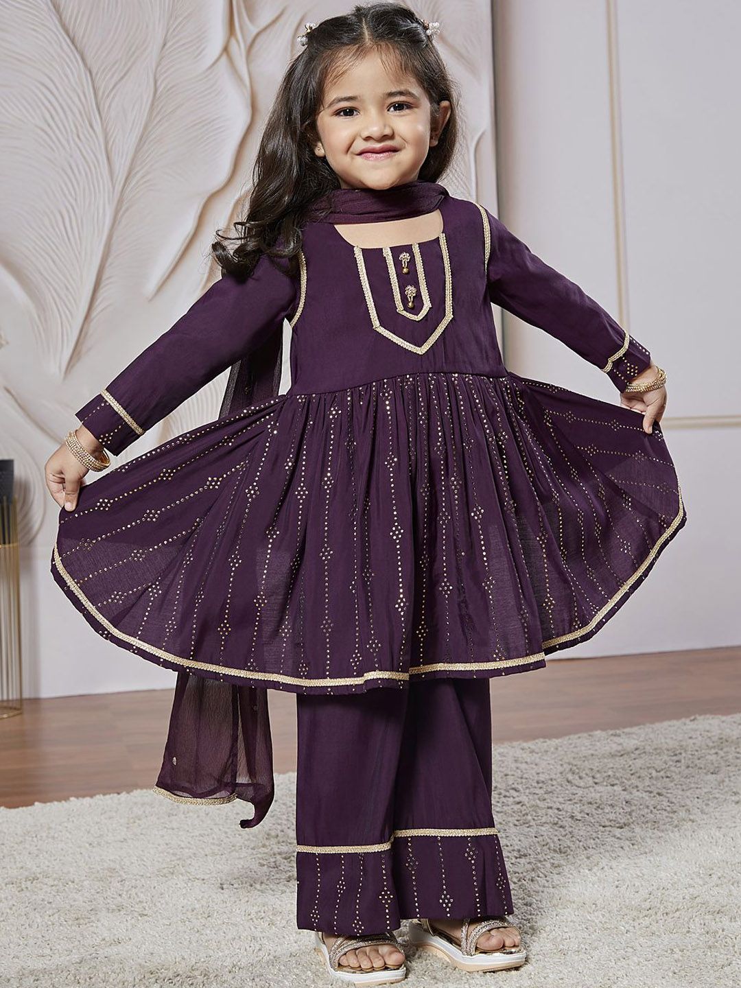 VASTRAMAY Girls Geometric Printed U-Neck Regular Kurta With Palazzos With Dupatta-picture-52