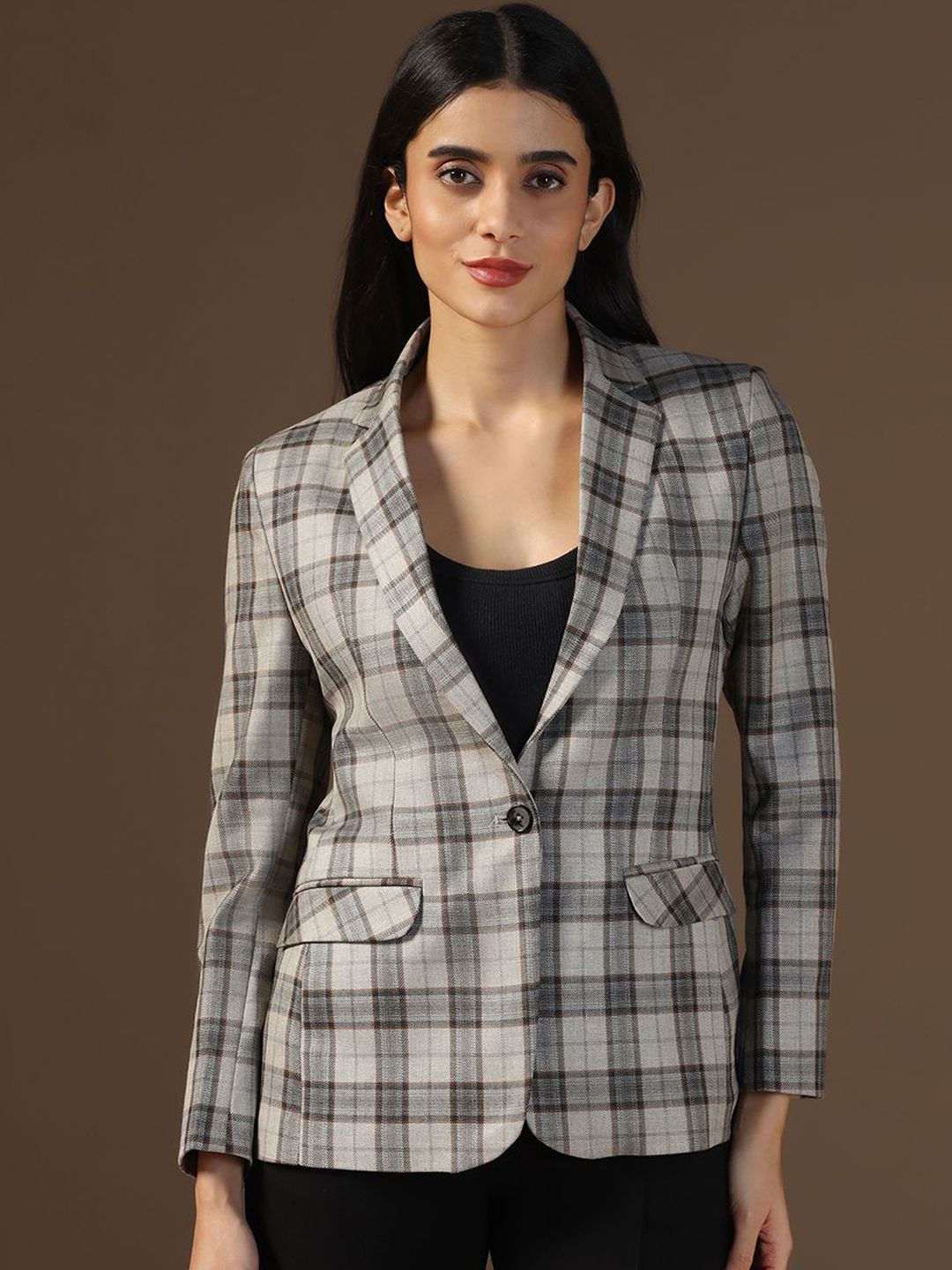 TAHVO Checked Notched Lapel Single Breasted Formal Blazers-picture-22