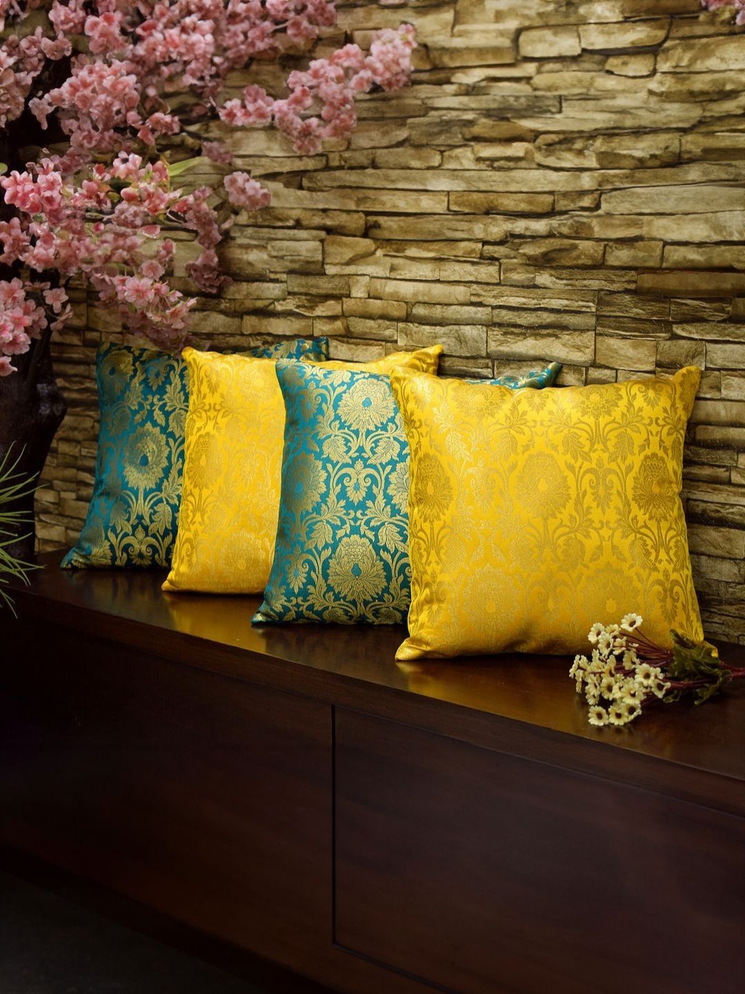 RoyalDeco Green & Yellow 4 Pieces Ethnic Motifs Printed Brocade Silk Square Cushion Covers-picture-54