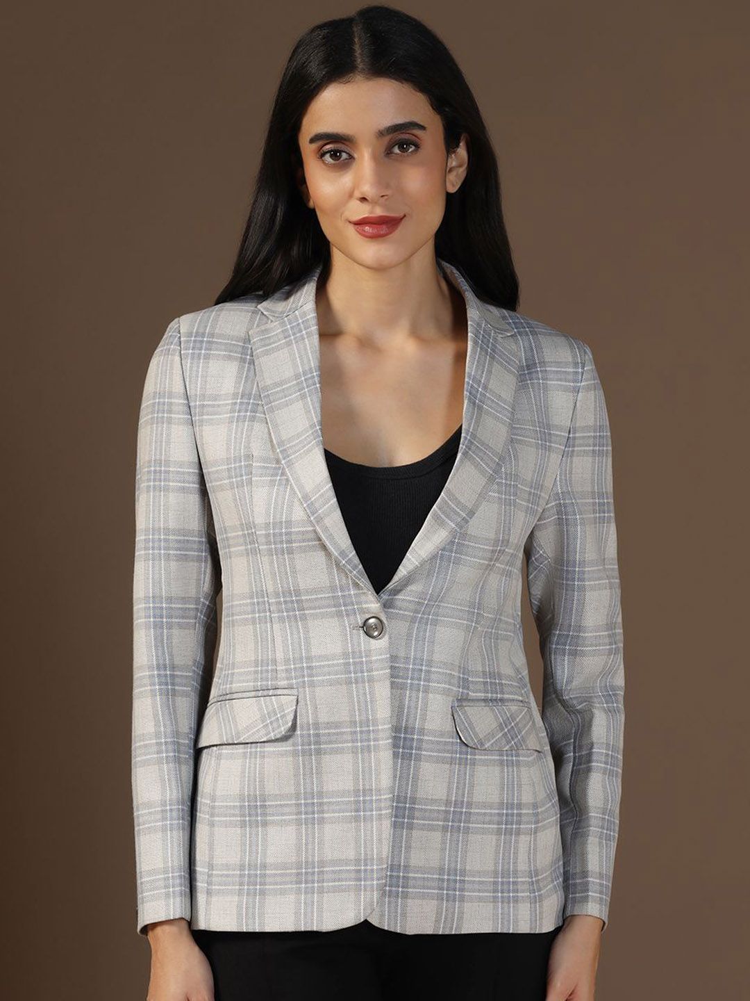 TAHVO Checked Notched Lapel Single Breasted Formal Blazers-picture-10