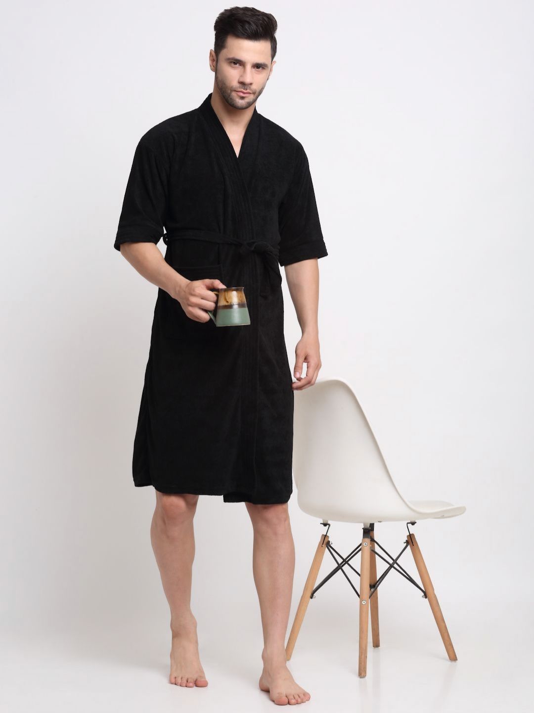 Creeva Everyday Black Kimono Collar Bath Robe-picture-28