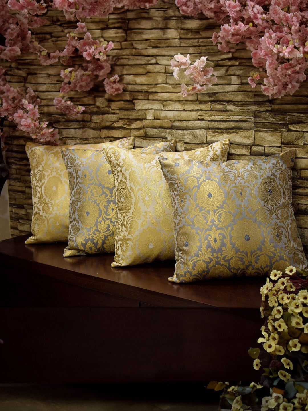 RoyalDeco Grey & Gold-Toned 4 Pieces Embroidered Square Cushion Covers-image-47