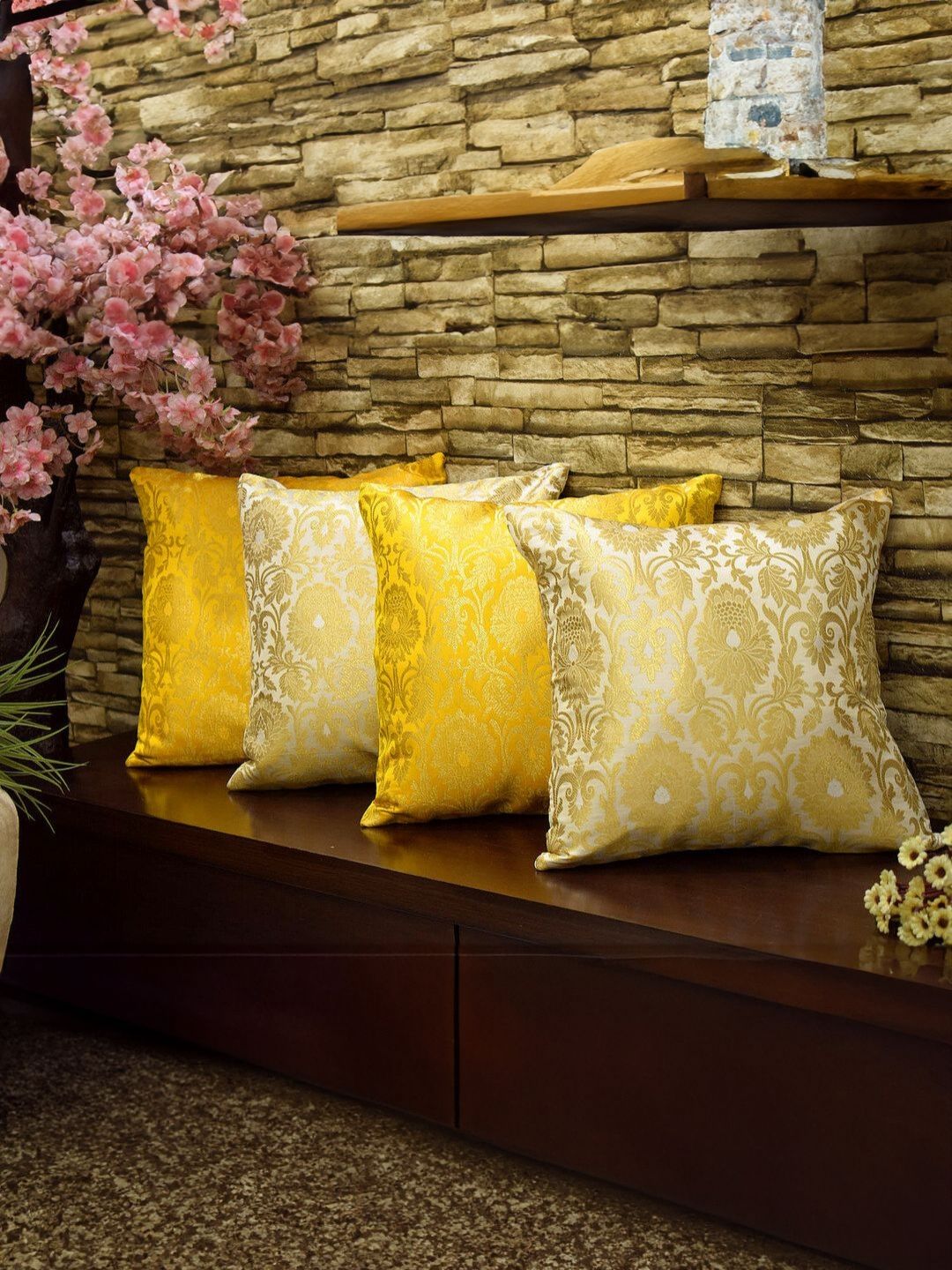 RoyalDeco Yellow & Cream-Coloured 4 Pieces Embroidered Square Cushion Covers-picture-52