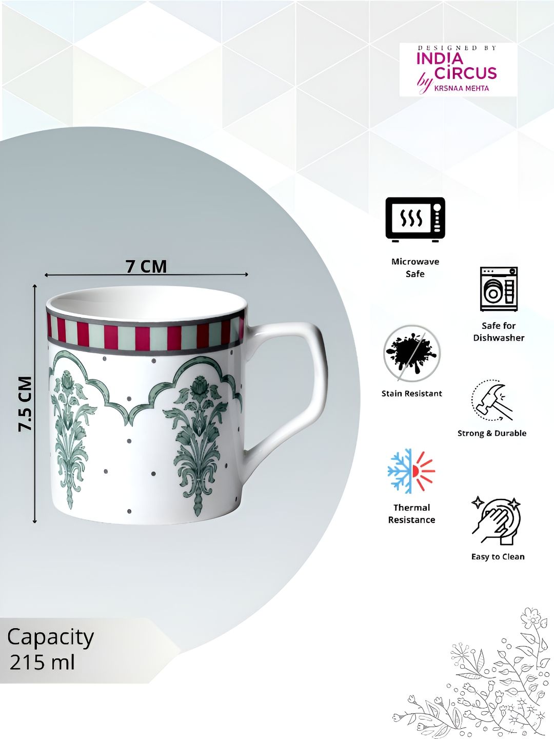 clay craft India Circus Director White & Green 6 Piece Printed Ceramic Cups 215ml-picture-51