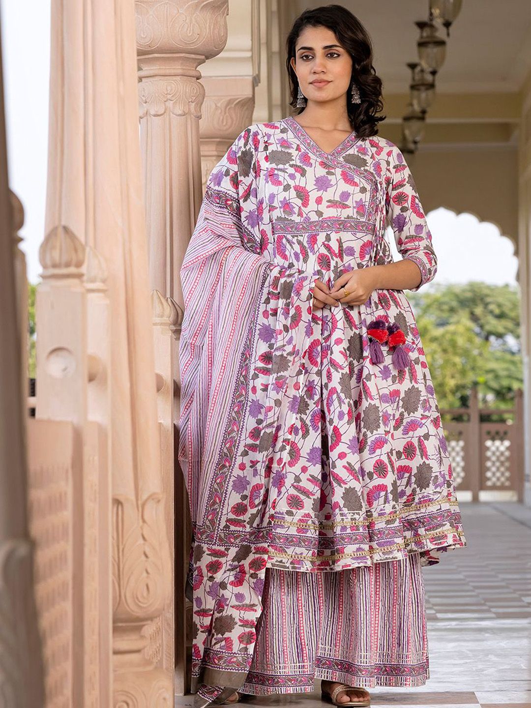 KALINI Floral Printed Angrakha Pure Cotton A-Line Kurta With Palazzo & Dupatta