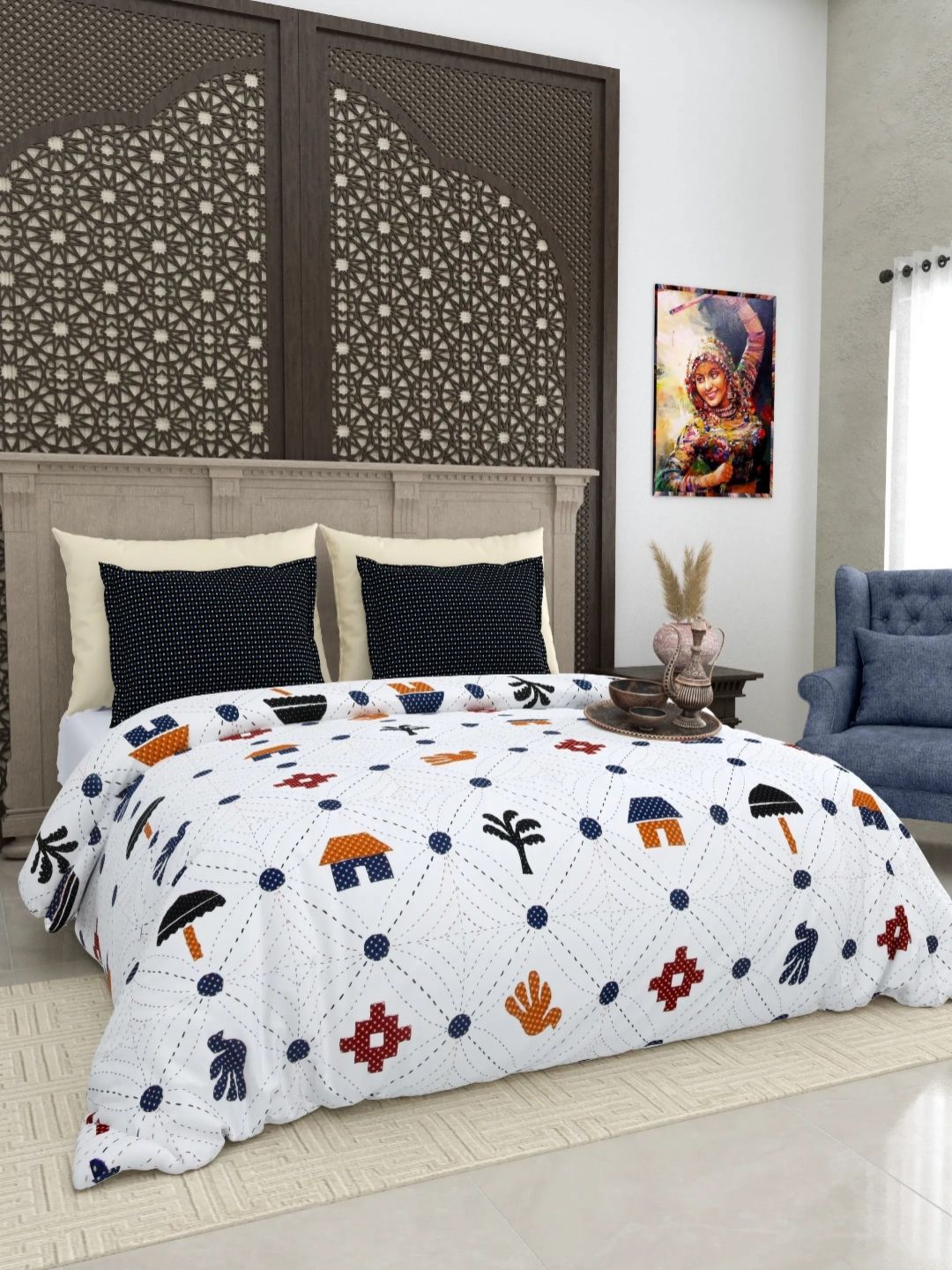 LIVING ROOTS White & Navy Blue Floral 210 TC King Bedsheet with 2 Pillow Covers-image-41