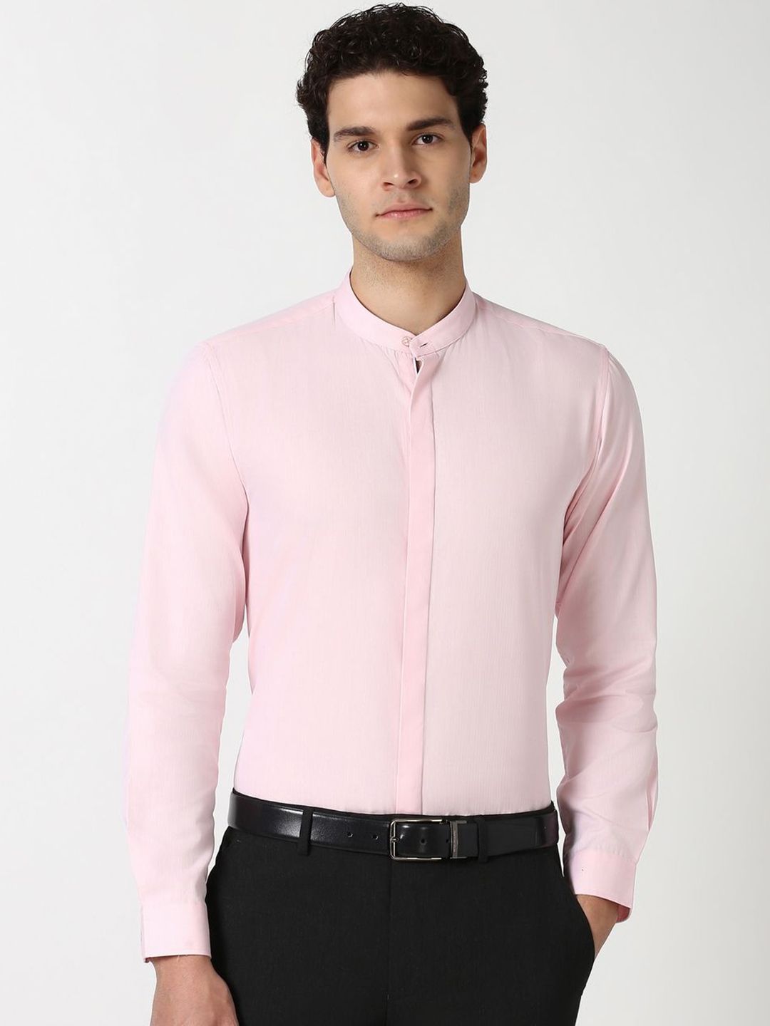 Peter England Men Band Collar Solid Cotton Slim Fit Formal Shirt-picture-10