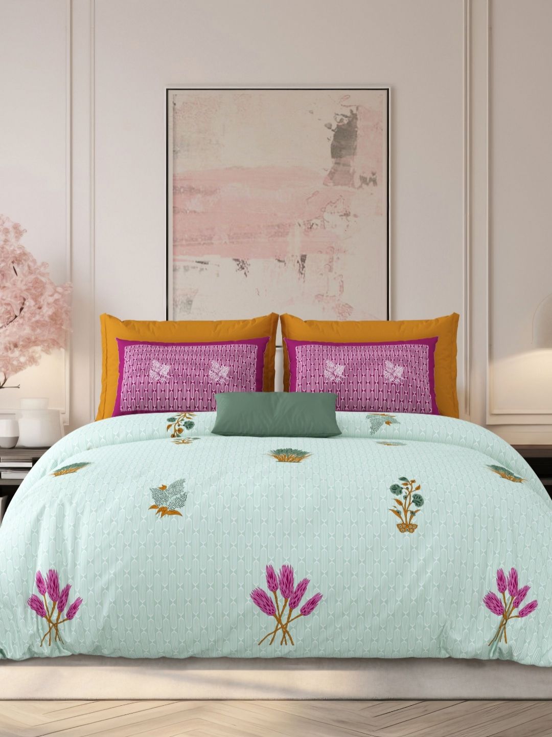 LIVING ROOTS Green & Purple Floral 210 TC Pure Cotton King Bedsheet Set 2.64 m x 2.64 m-picture-11