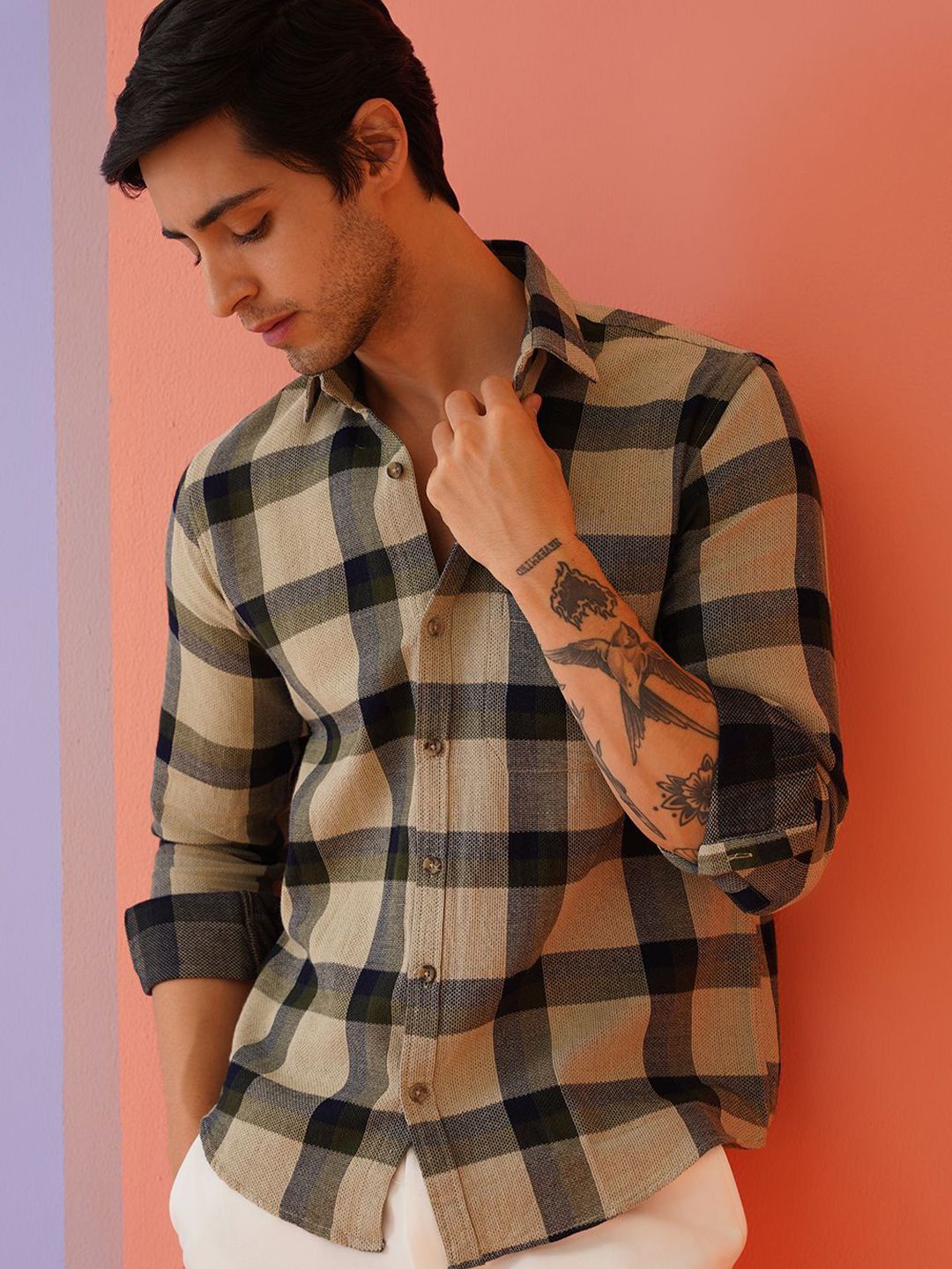 Indian Needle Men Classic Spread Collar Checked Cotton Casual Shirt-picture-12