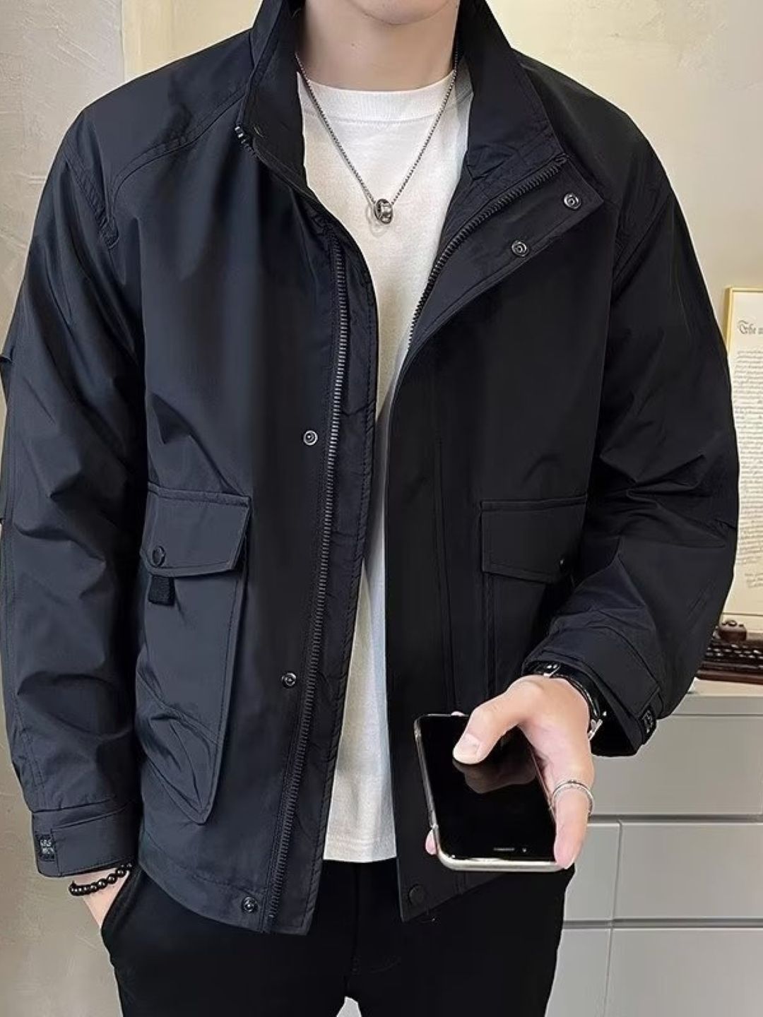 HERE&NOW Men Spread Collar Solid Casual Bomber Jacket-picture-22