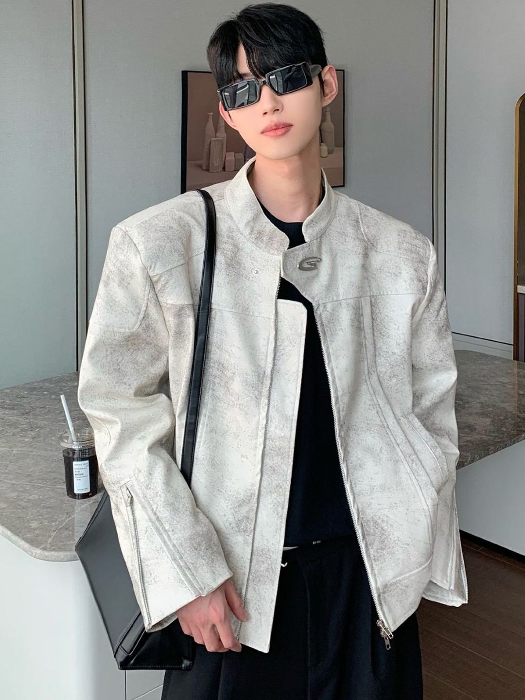 HERE&NOW Men Mandarin Collar Solid Leather Casual Leather Jacket-picture-32