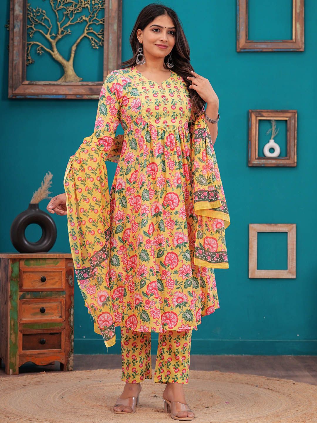 Meeranshi Floral Printed Angrakha Pure Cotton Kurta with Trousers & Dupatta-picture-22