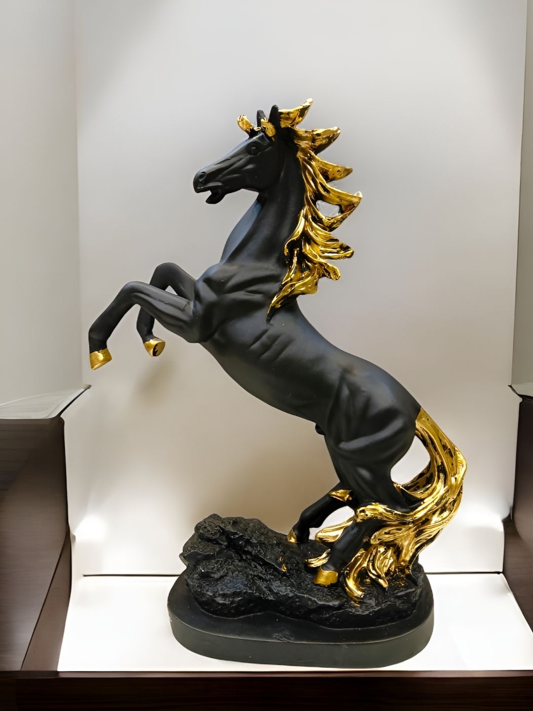 SANKALAN CREATIONS Black & Gold Toned Jumping Horse Showpiece