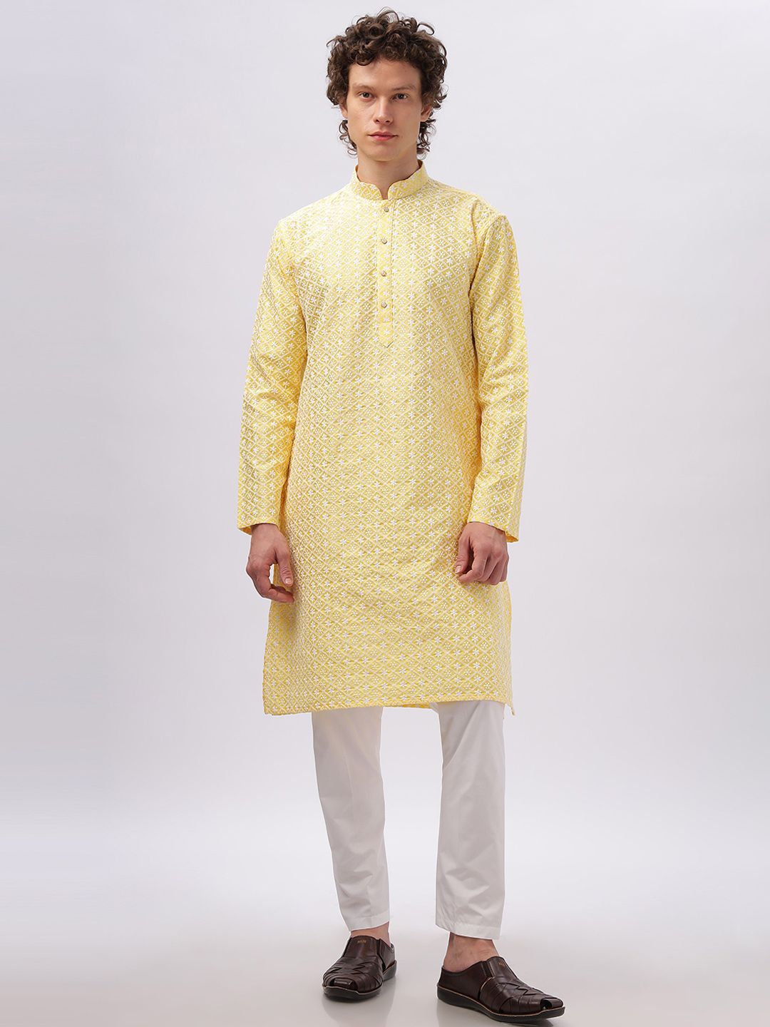 Anouk Yellow Ethnic Motifs Embroidered Mandarin Collar Cotton Straight Kurta-picture-19