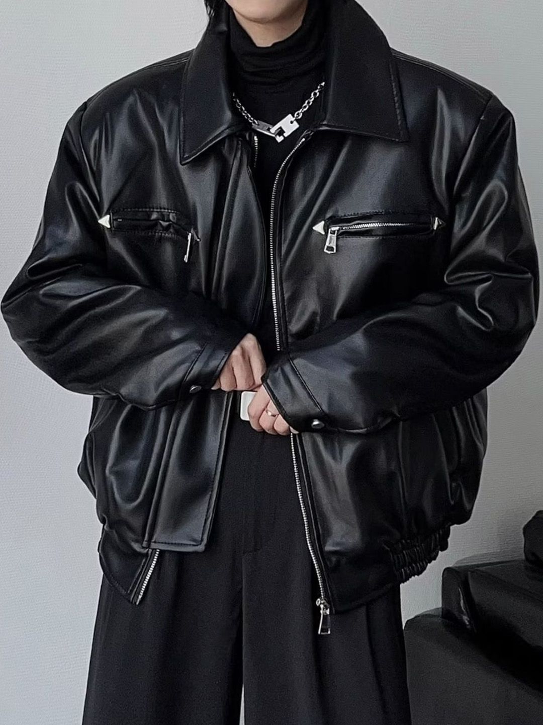 HERE&NOW Men Spread Collar Solid Leather Casual Leather Jacket-picture-26