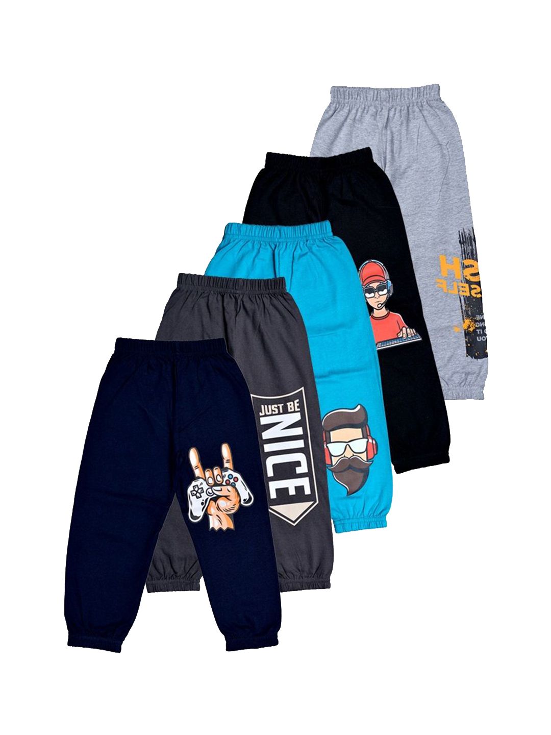 FAZZA Boys Pack Of 5 Printed Pure Cotton Mid-Rise Joggers-picture-52