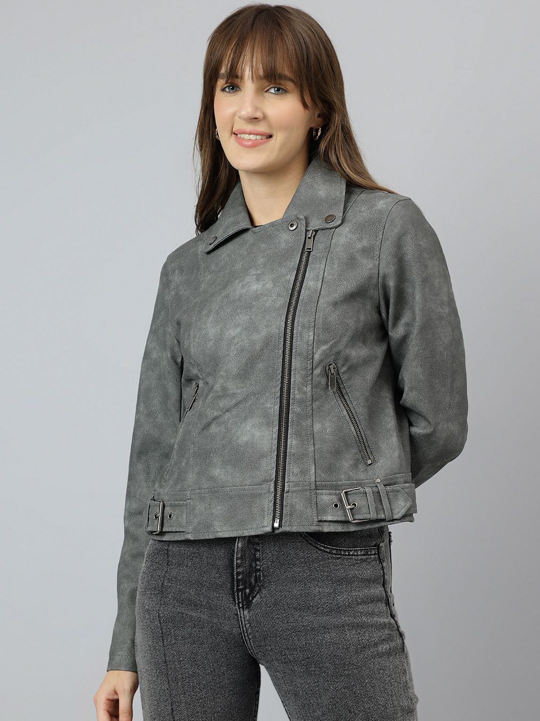 Latin Quarters Women Spread Collar Solid Casual Biker Jacket-picture-46