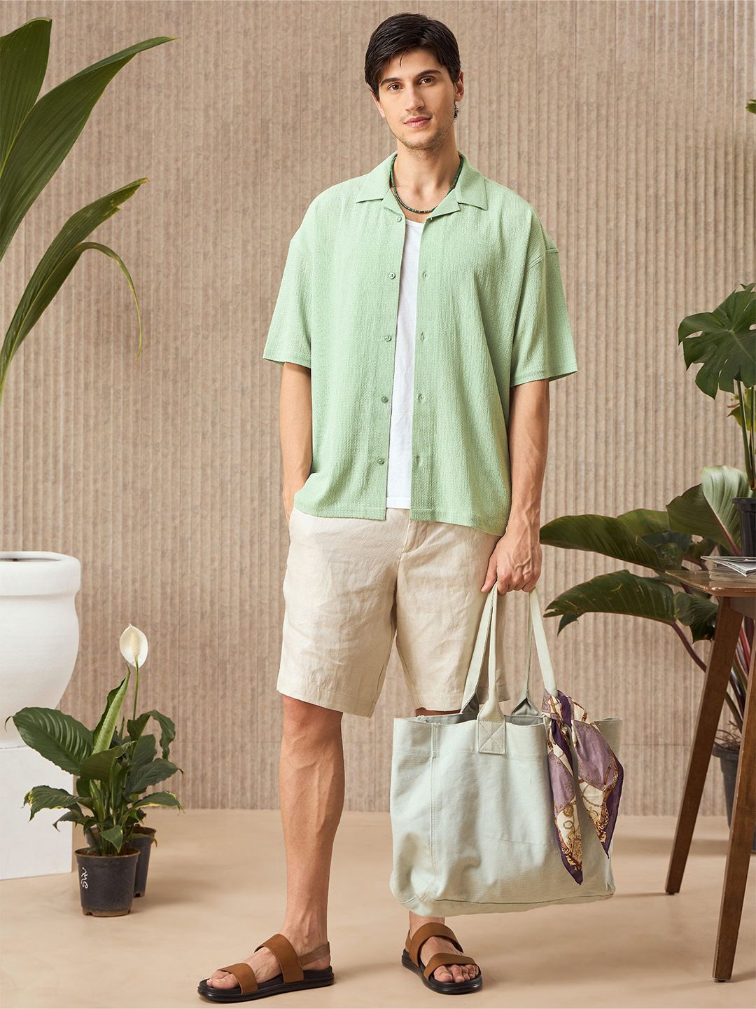 Men's Textured Blue Cuban Collar Relaxed Fit Shirt