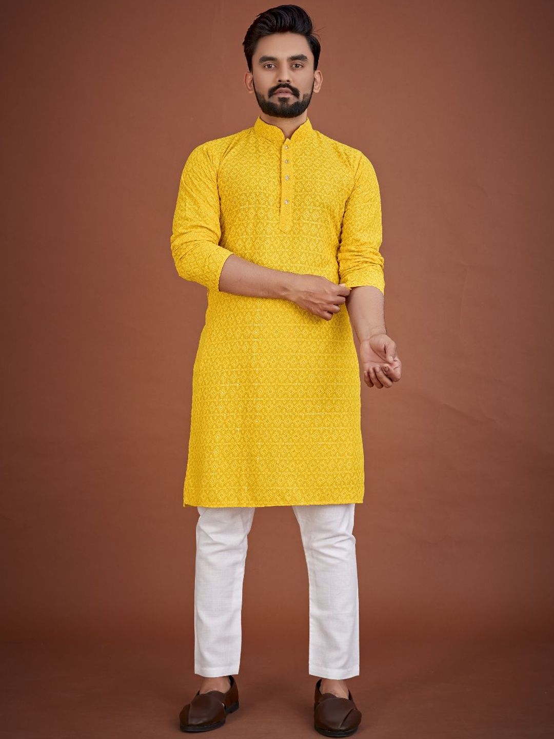 CHARLOTTE GRACIOUS Mandarin Collar Floral Embellished Chikankari Kurta-image-20