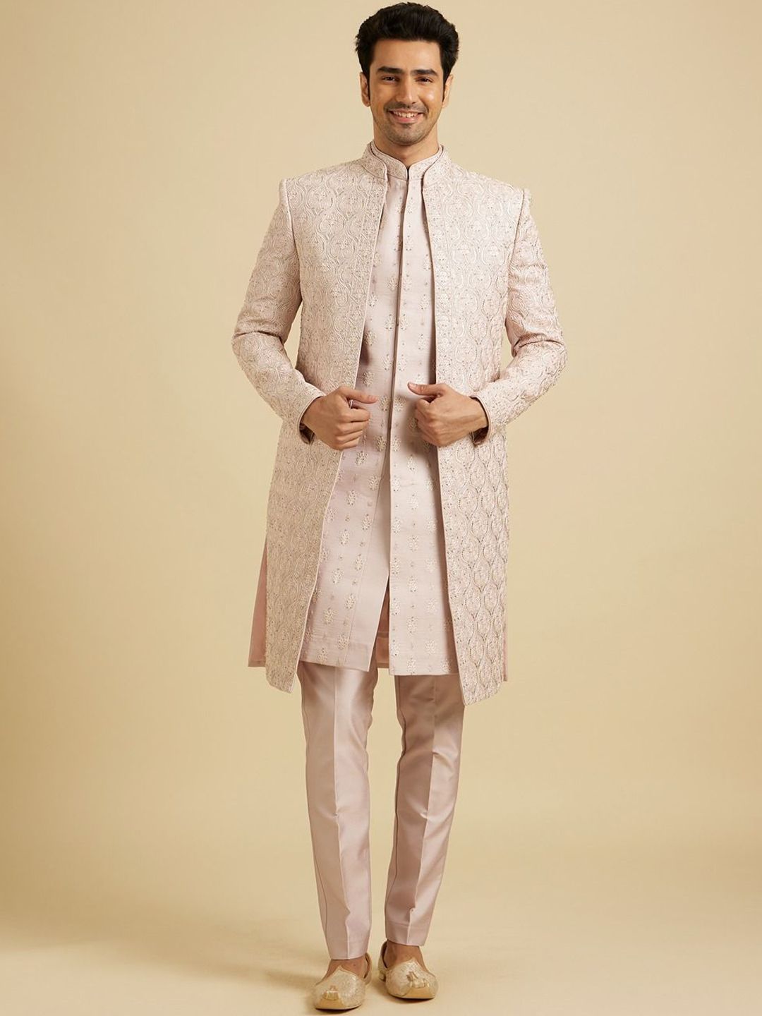 Manyavar Men Sequin Work Mandarin Collar Sherwani Set-image-38
