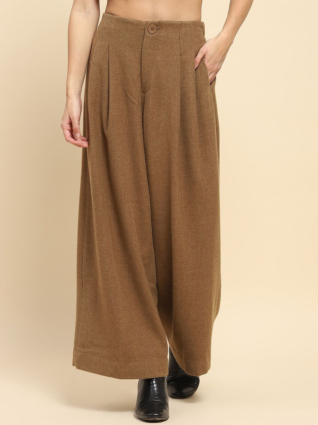Global Republic Women Textured Relaxed Straight Leg Loose Fit High-Rise Pleated Trousers-picture-34