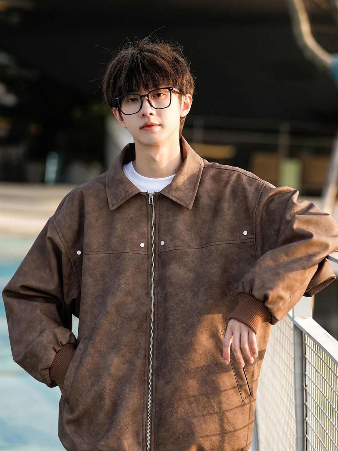 HERE&NOW Men Spread Collar Solid Leather Casual Leather Jacket-picture-33