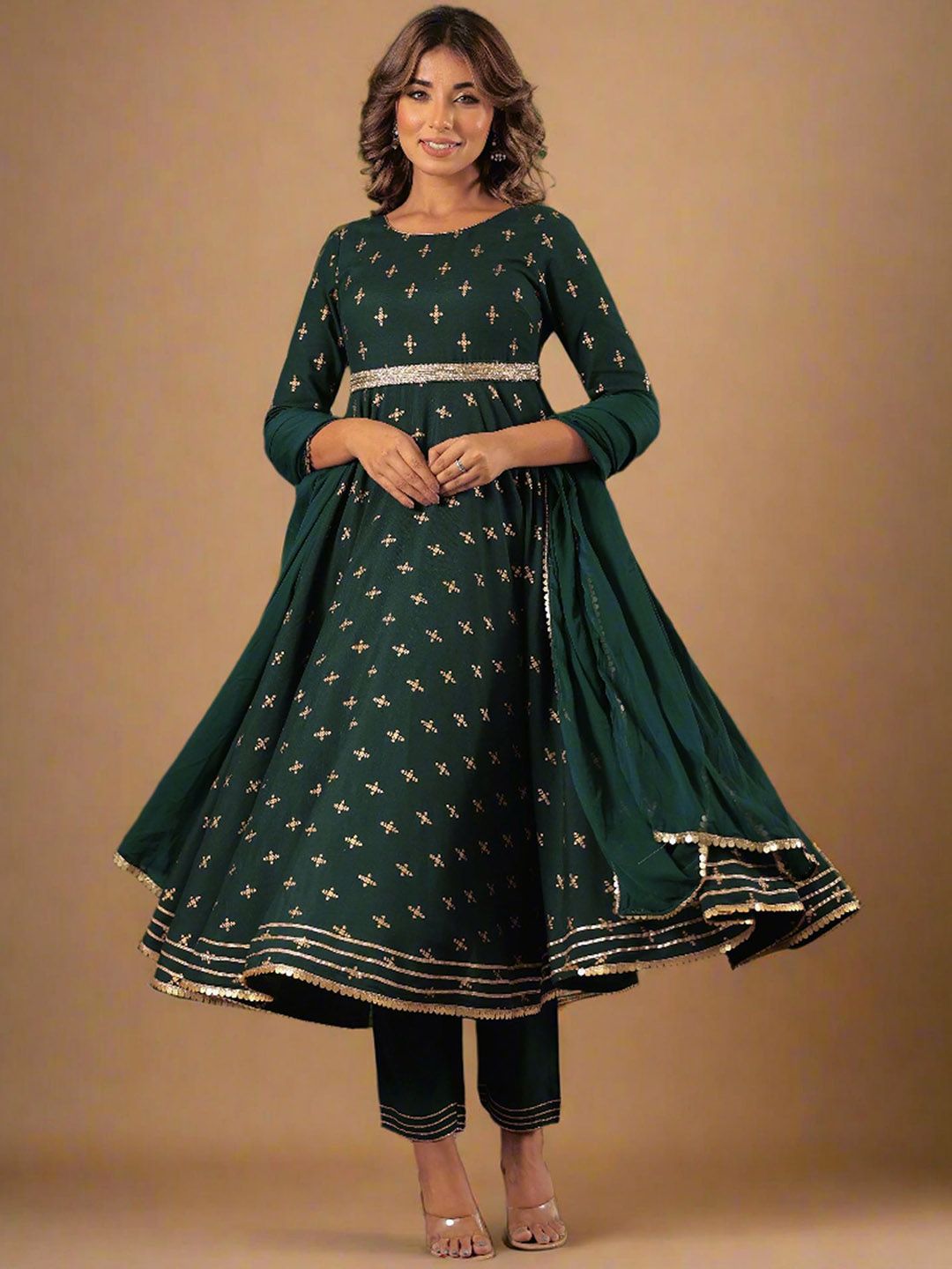 Aspora women's Green Abstract Printed Anarkali kurta with trouser & Dupatta(KS-VNF-Lavanya-Green)
