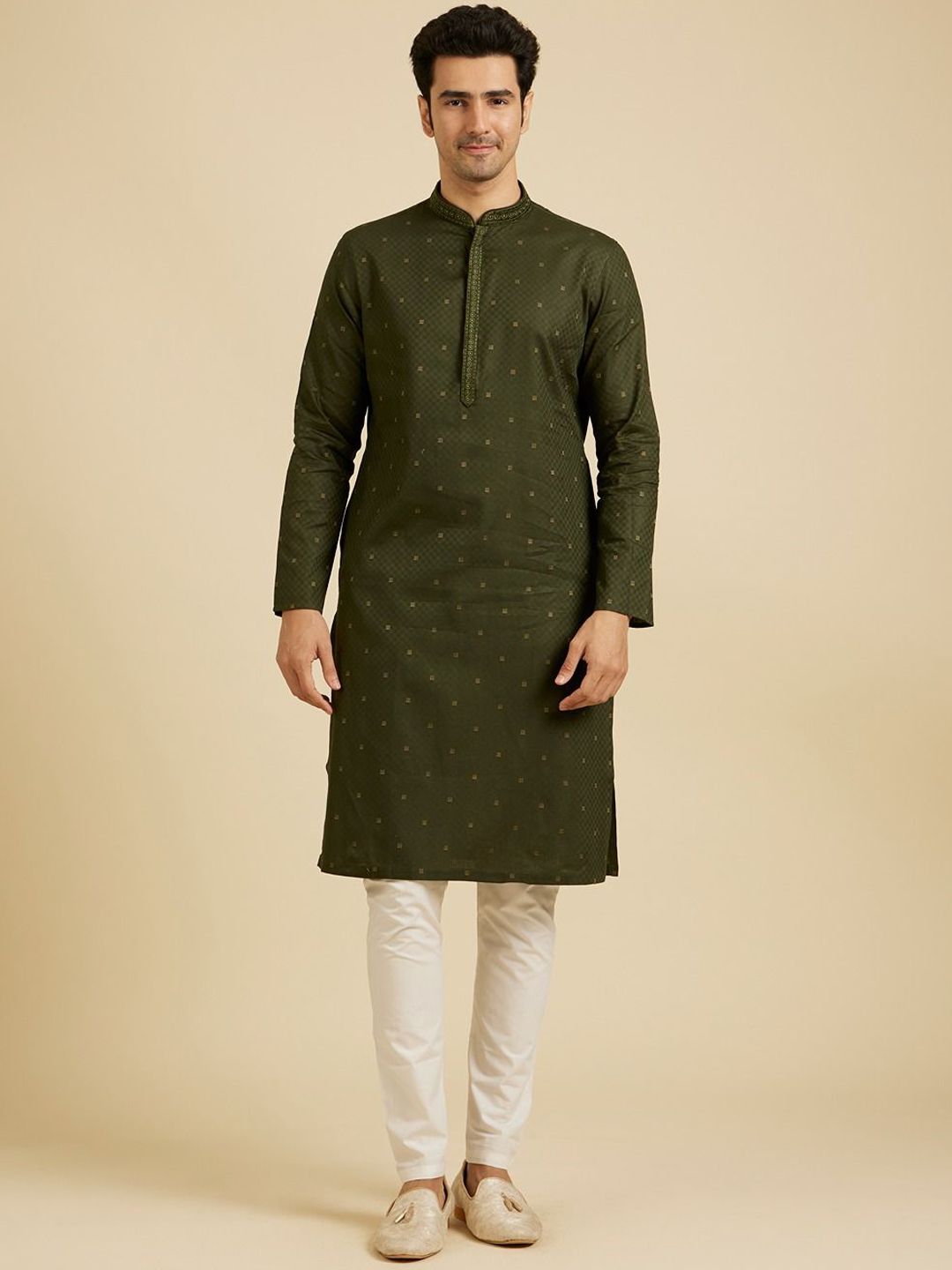 Manyavar Mandarin Collar Geometric Woven Design Pure Cotton Kurta with Trouser-picture-16