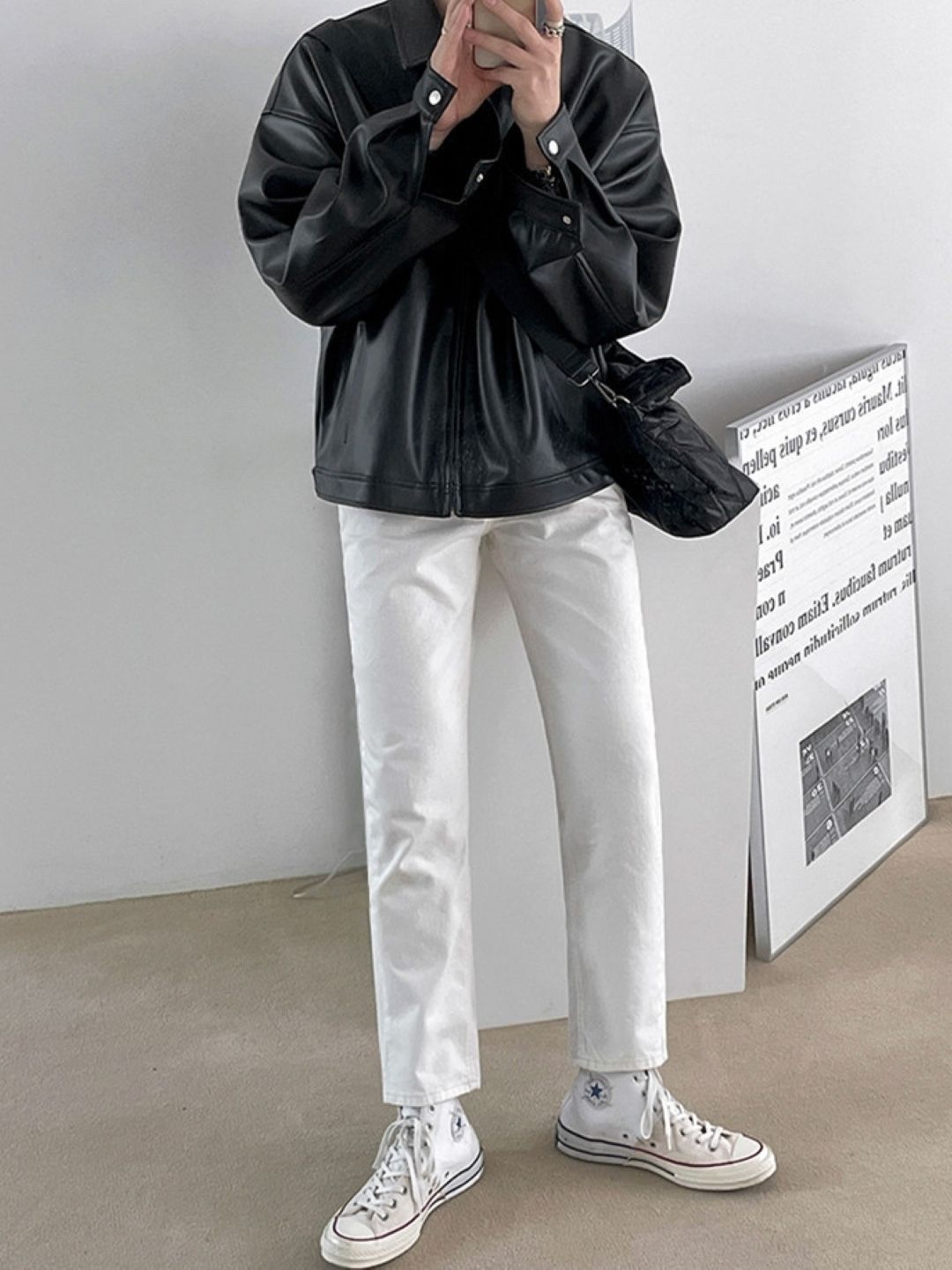 HERE&NOW Men Spread Collar Solid Leather Casual Leather Jacket-picture-29