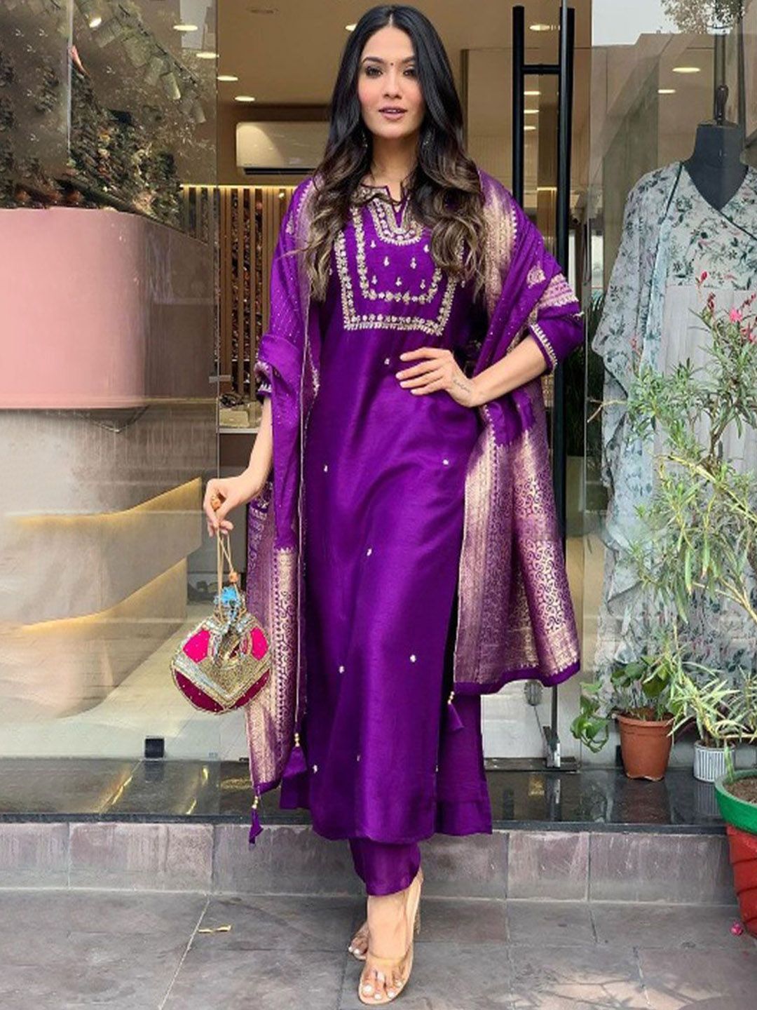 Lilots Floral Embroidered Thread Work Chanderi Silk Kurta with Trouser & Dupatta