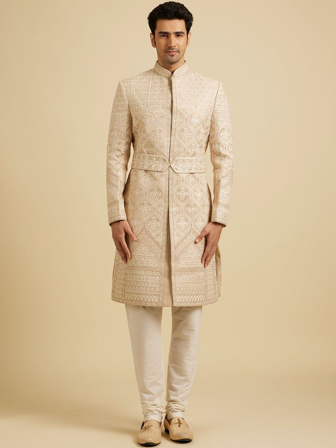 Manyavar Men Embroidered Stone & Thread Work Mandarin Collar Sherwani-picture-21