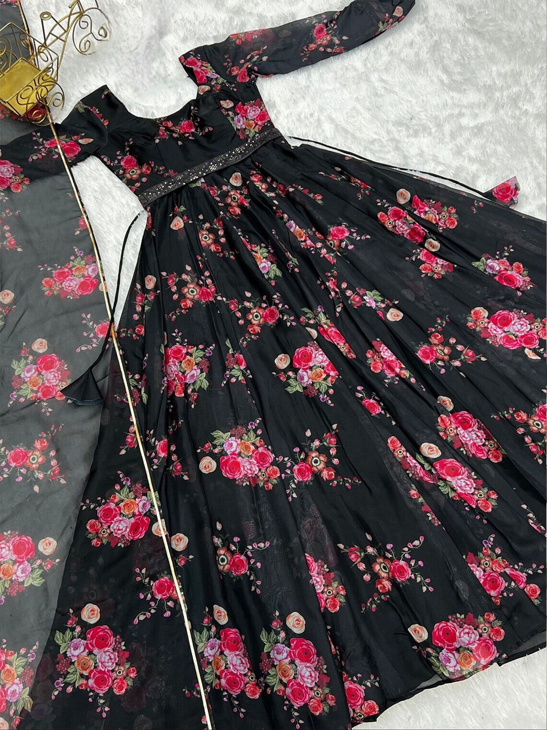 Krunal Raiyani Women Floral Print Fit & Flare Maxi Ethnic Dress With Dupatta And Belt-picture-11