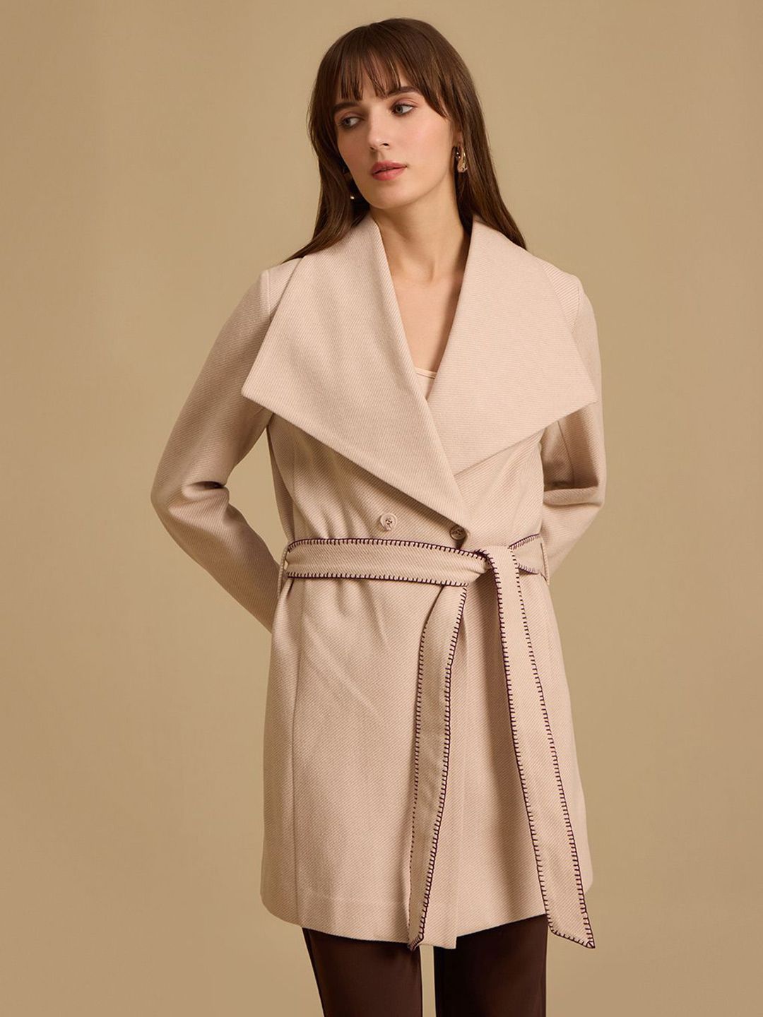 Kazo Women Shawl Collar Neck Double-Breasted Overcoat With Belt