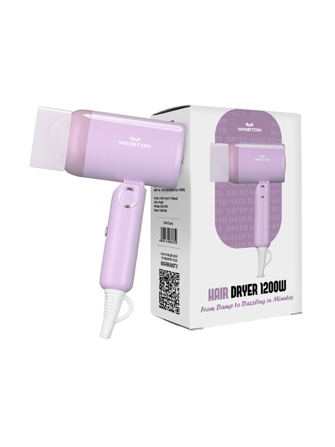 WINSTON Ionic 1200W Foldable Hair Dryer - Purple