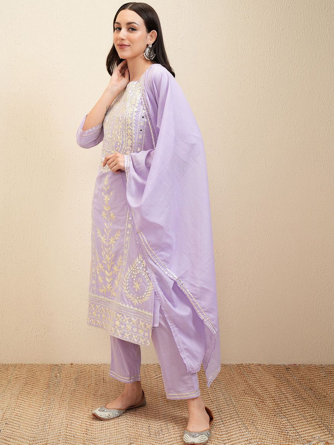 Women  Lavender Embroidered Straight Kurta Set