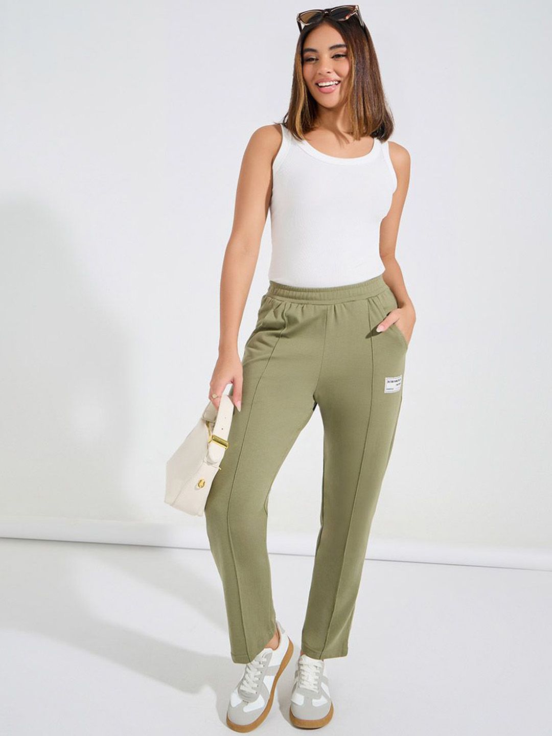 Buy Styli Women Badge Detail High-Rise Straight-Fit Track Pants