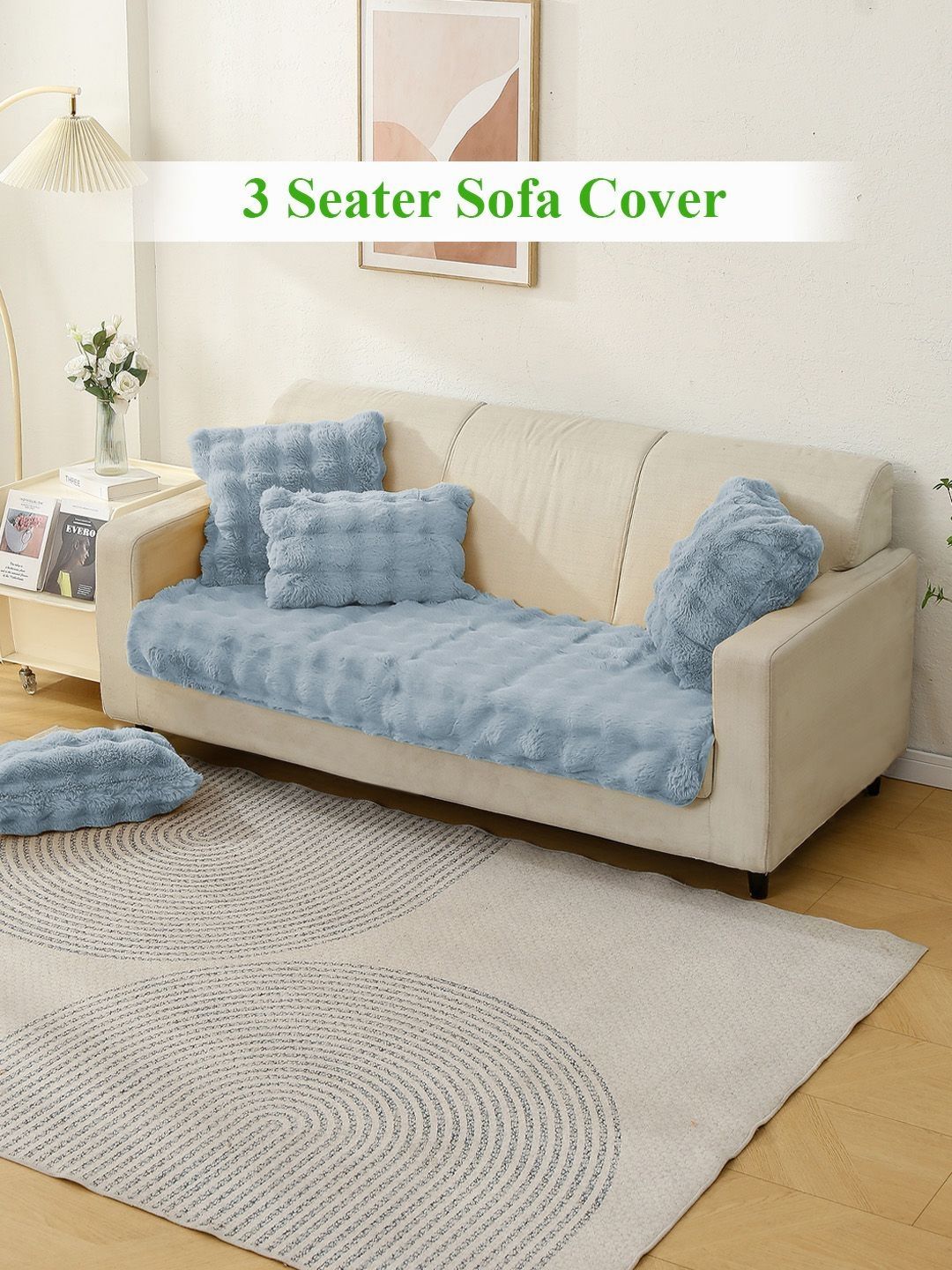 HOKIPO Blue Faux Fur Anti Slip 3 Seater Sofa Mat Cover-image-26
