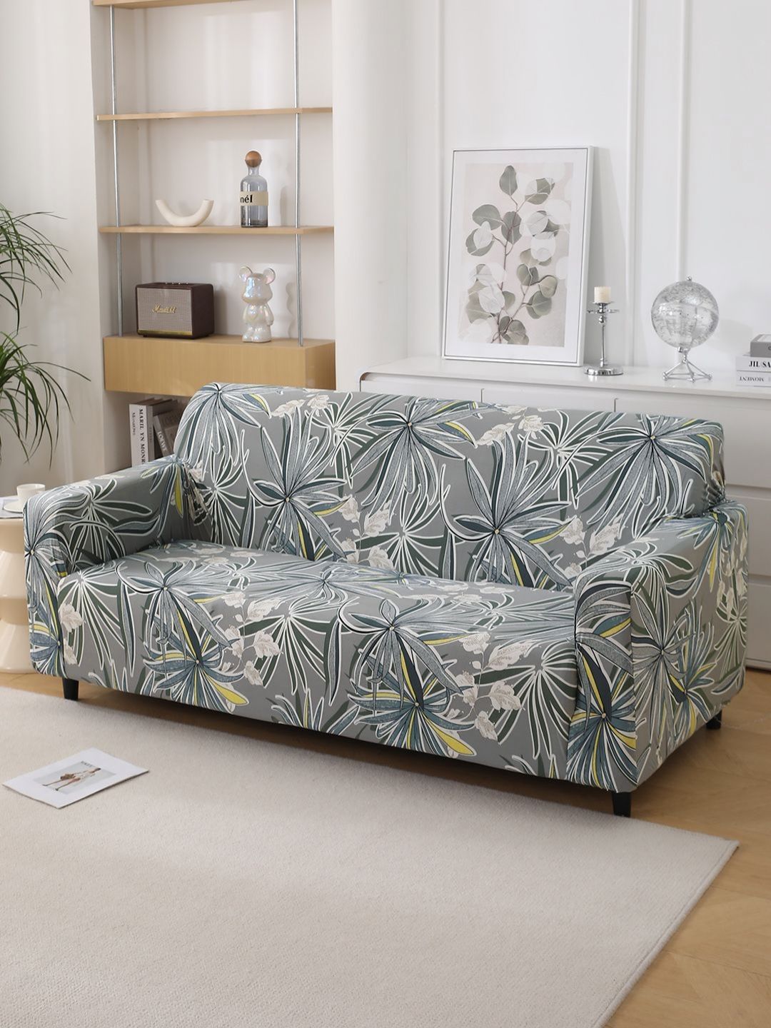 HOKIPO Grey & White Printed Polyester 1 Piece Sofa Cover With Arms-picture-26