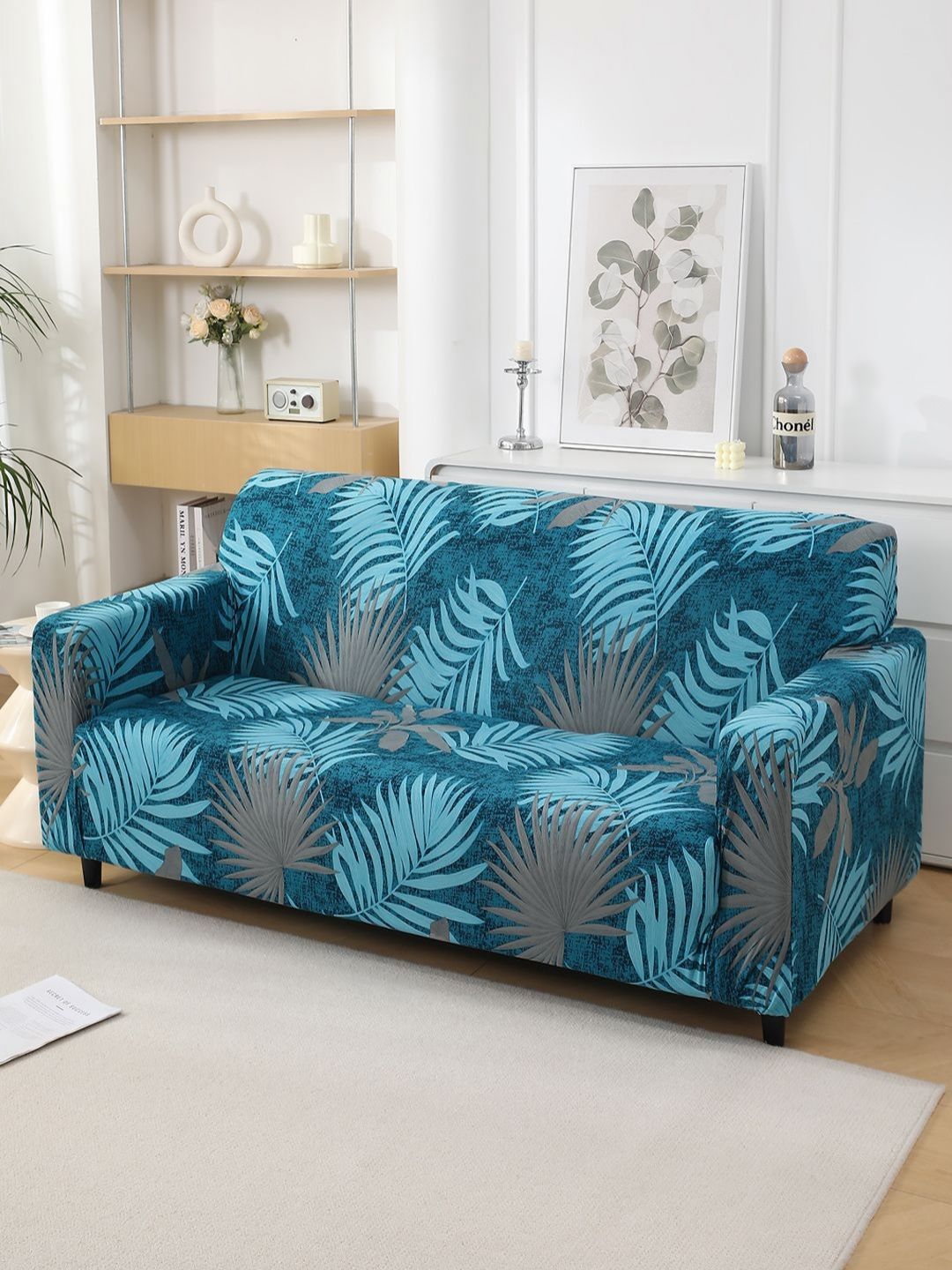 HOKIPO Blue Printed Polyester 1 Piece Sofa Cover With Arms-image-32