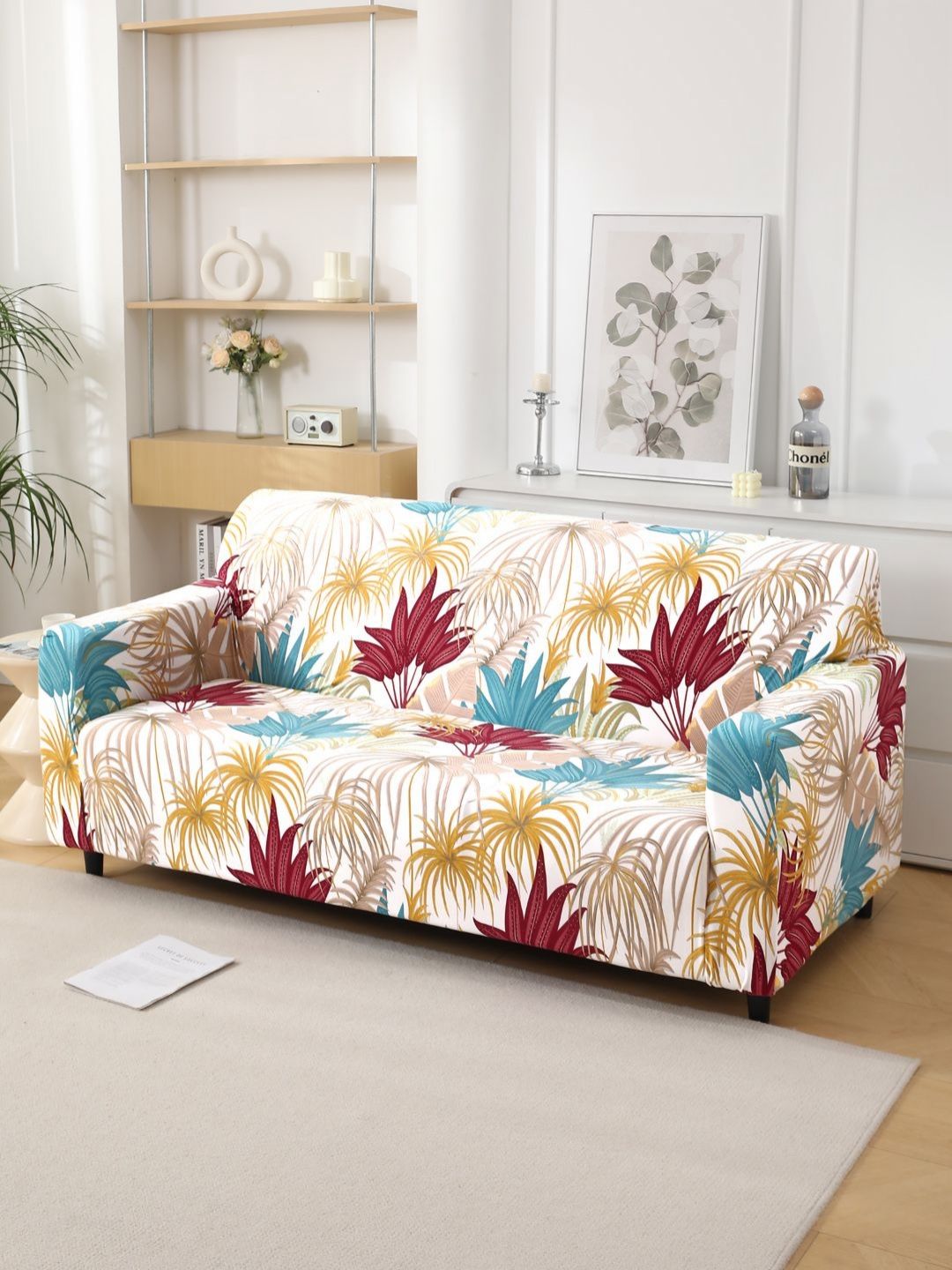 HOKIPO Beige & White Printed Polyester 1 Piece Sofa Cover With Arms-picture-3