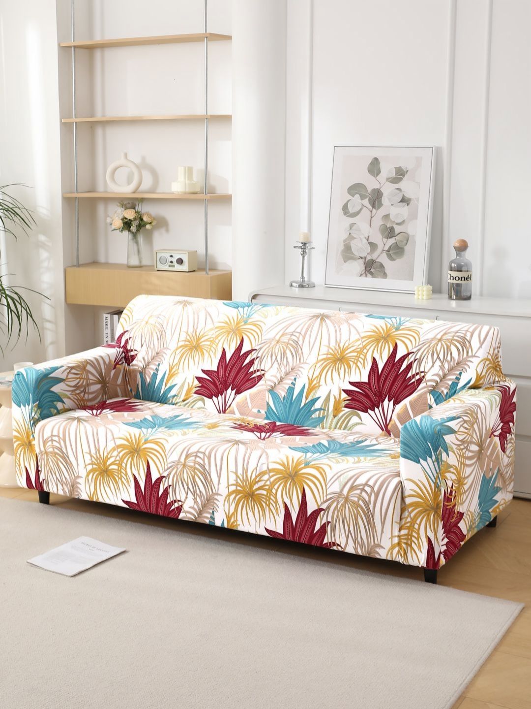 HOKIPO Beige & Maroon Printed Polyester 1 Piece Sofa Cover With Arms-image-30