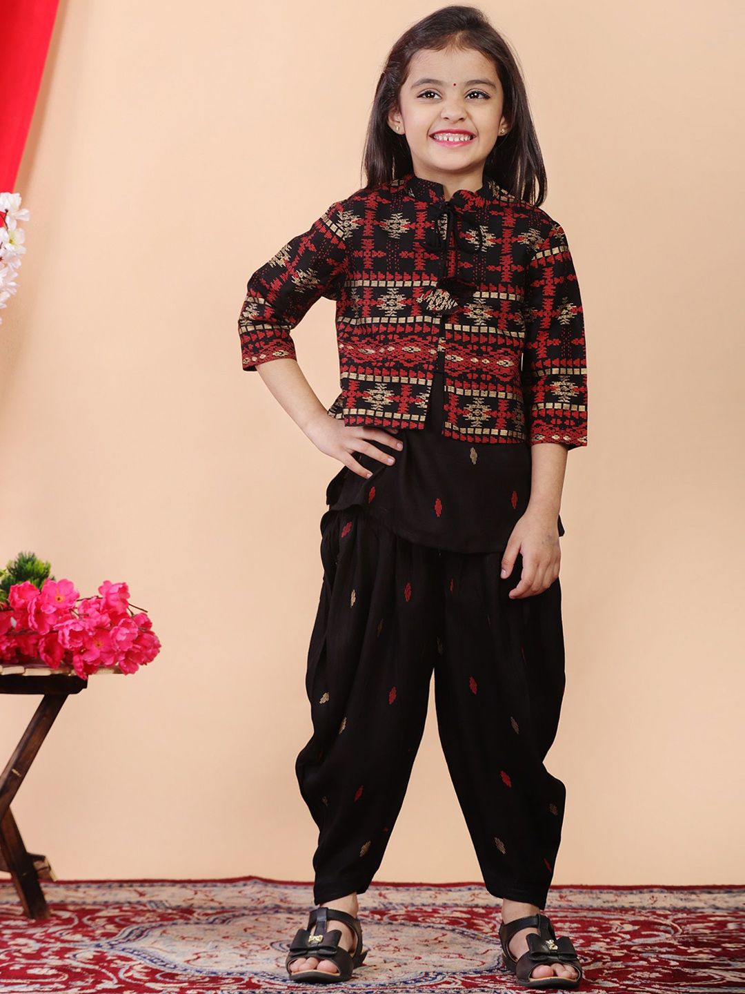 BAESD Girls Floral Printed Regular Thread Work Kurti with Dhoti Pants