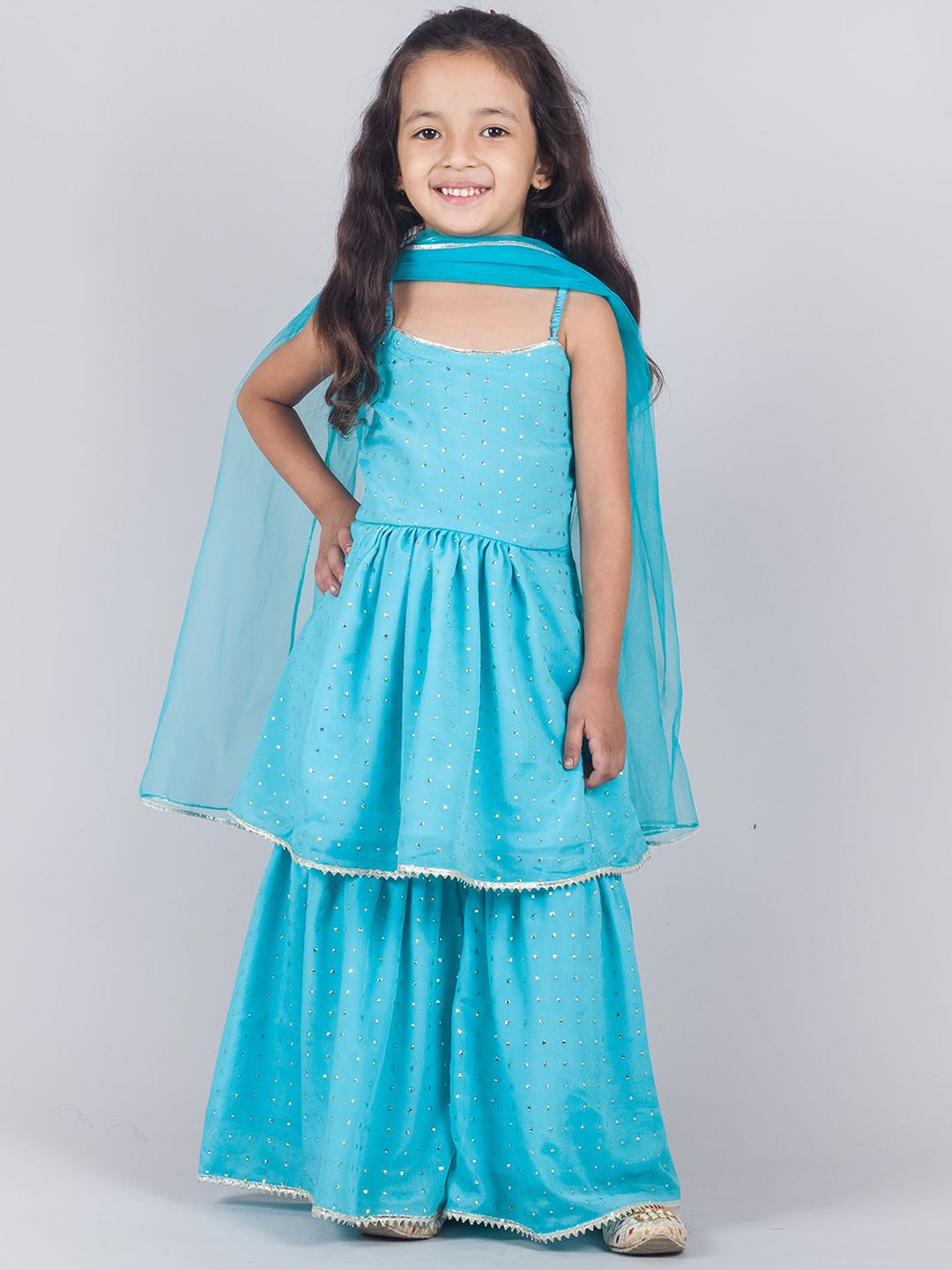 Tangerine Closet Girls Ethnic Motifs Embroidered Tiered Sequinned Top with Sharara & With Dupatta-picture-35