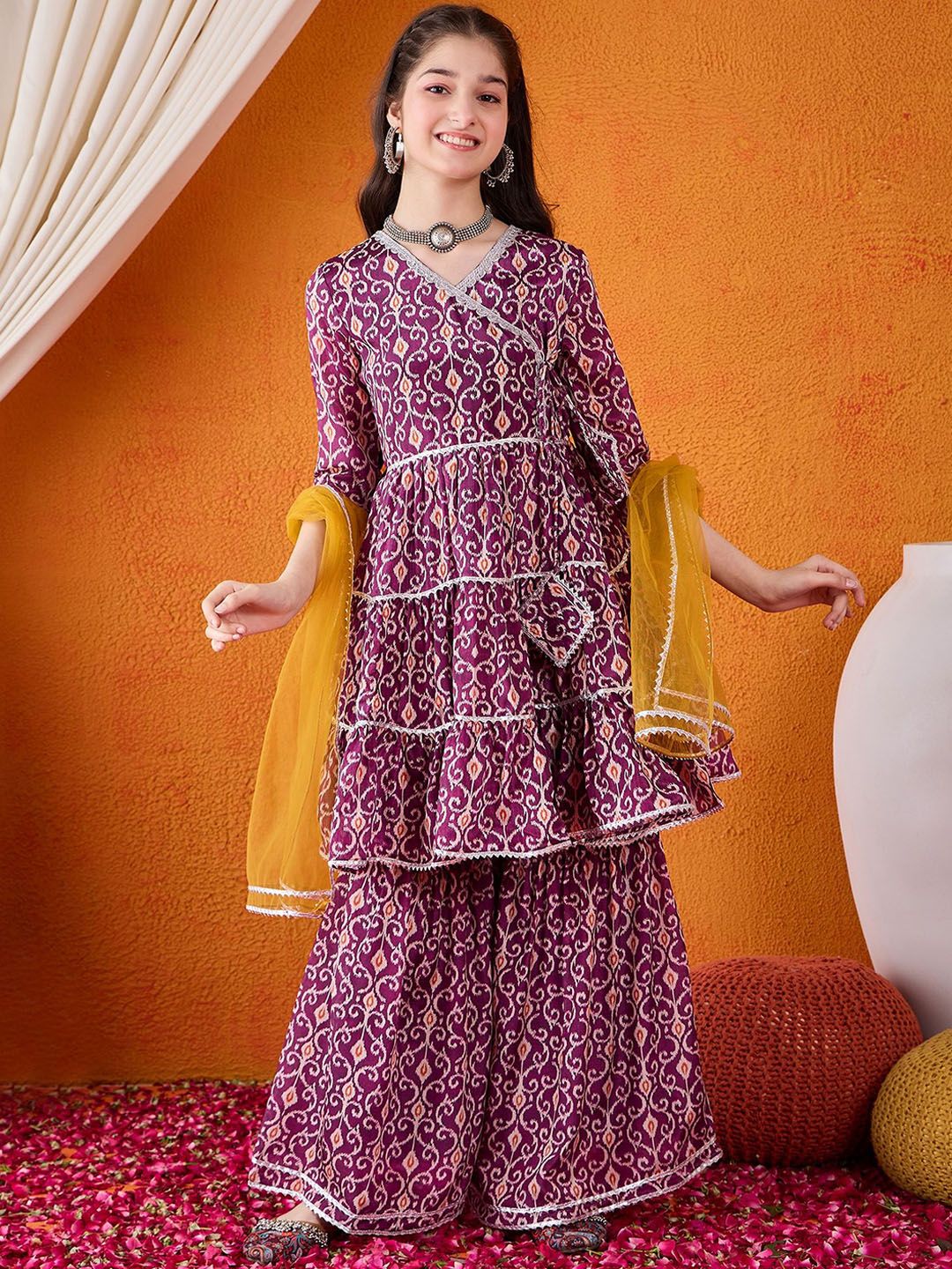 Cherry & Jerry Girls Ethnic Motifs Printed Angrakha Gotta Patti Kurta with Sharara & With Dupatta-picture-16