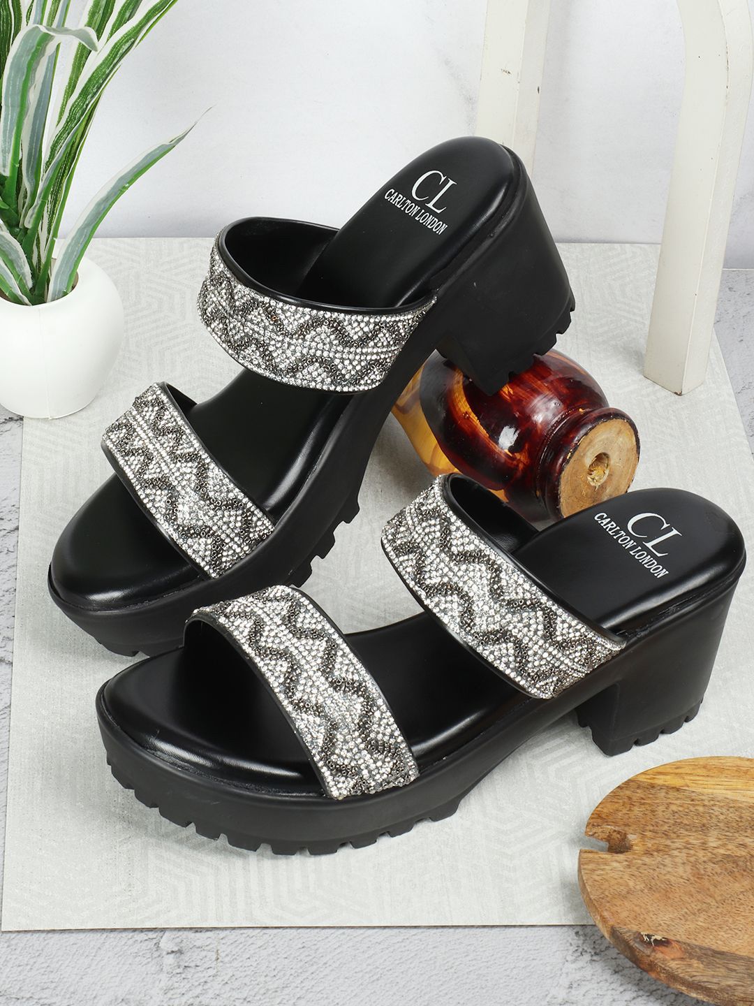 Carlton London Women Textured Block Heel Sandals-picture-46