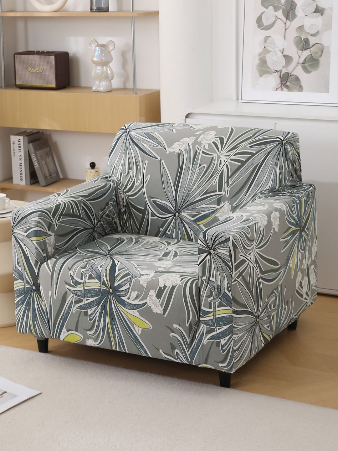 HOKIPO Grey & White Printed Polyester 1 Piece Sofa Cover With Arms-picture-40