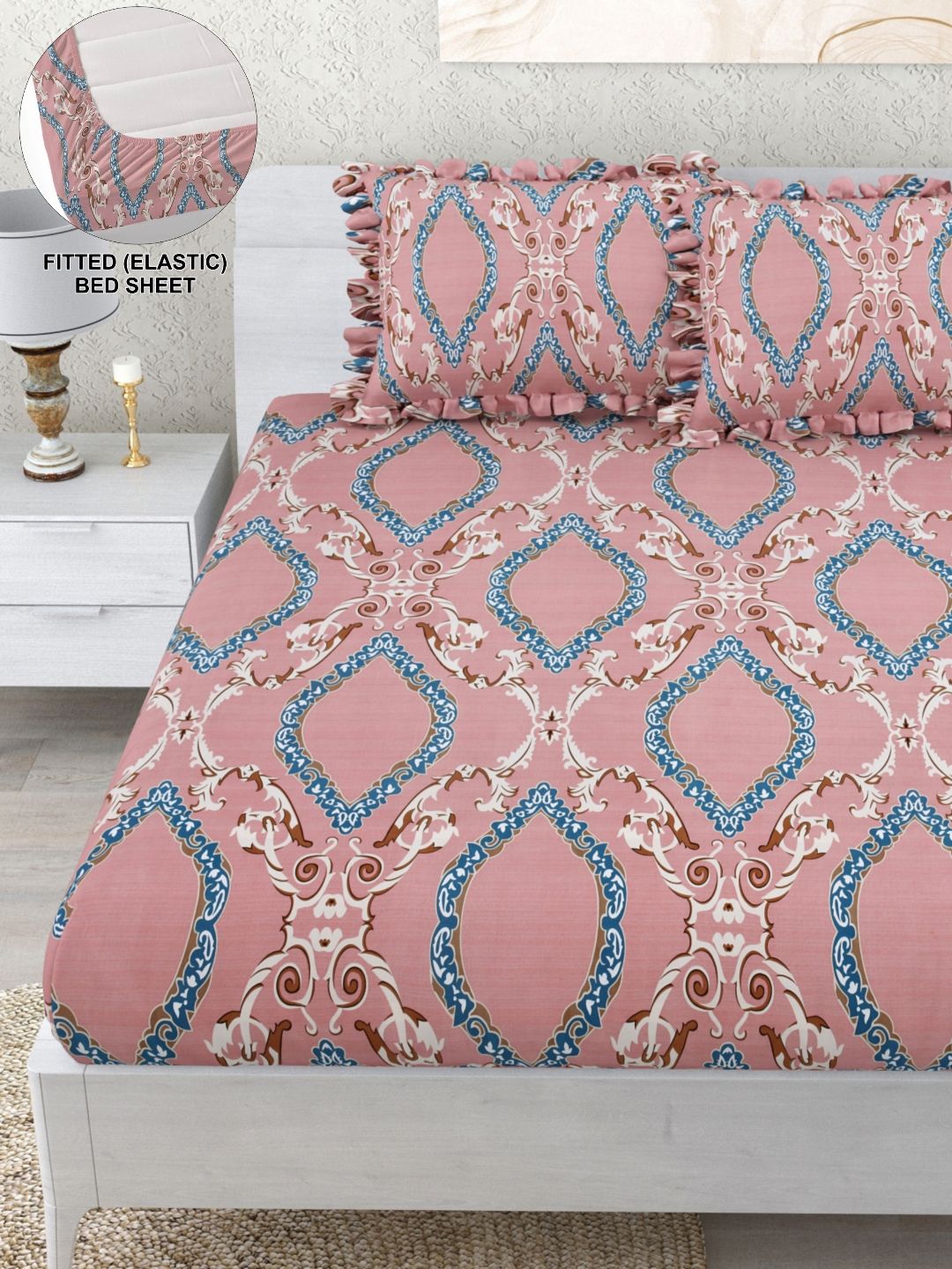 DREAM WEAVERZ Maroon & Blue Printed Fitted 260 TC Double King Bedsheet & 2 Pillow Covers-picture-24