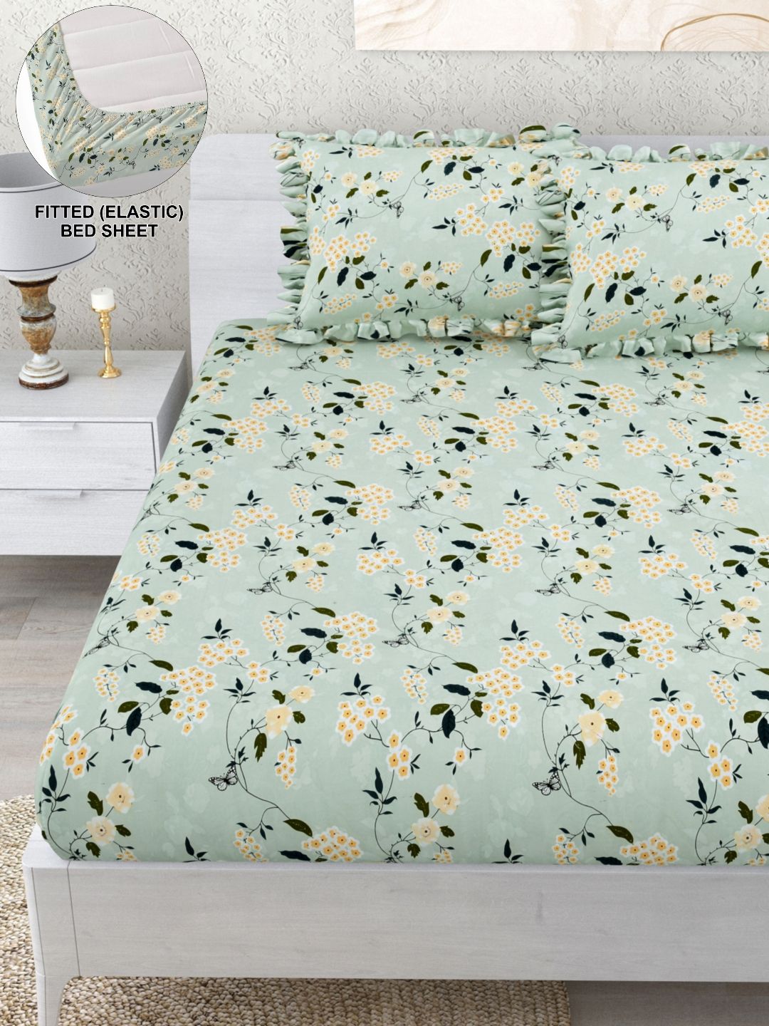 DREAM WEAVERZ Green Floral Printed Fitted 260 TC Double King Bedsheet & 2 Pillow Covers-picture-42