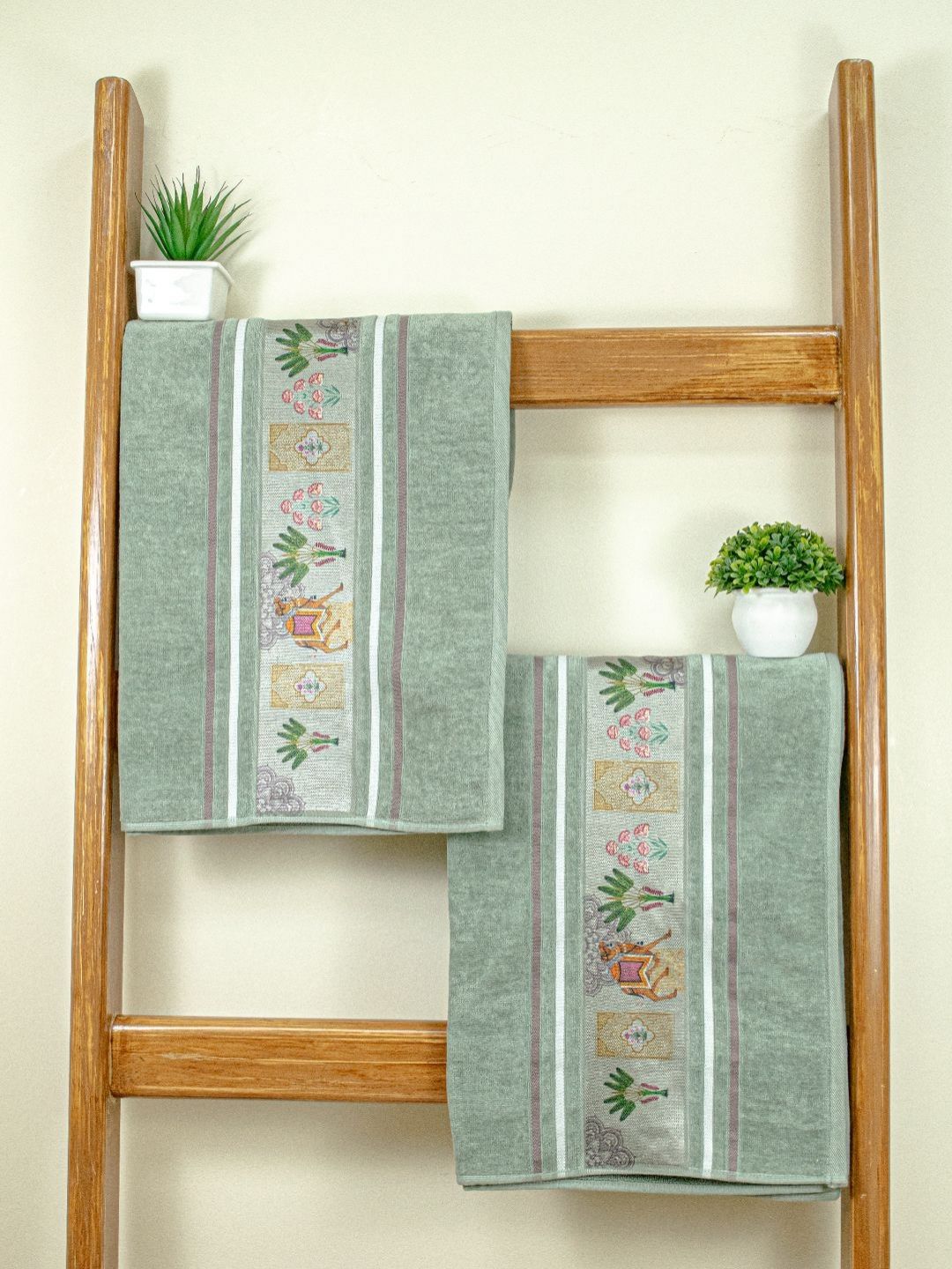 RANGOLI Green & Pink 2 Printed Cotton 460 GSM Bath Towel-image-22